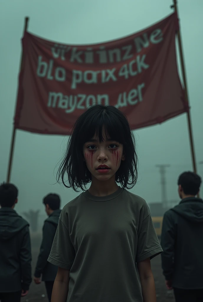 A girl with short black hair wearing a cap、A man hits a woman with a stick:1.8、25 year old Japanese girl in camouflage、Girl being sexually harassed by a guy、whole body、A girl surrounded by five boys、Small breasts、Small breasts、Beautiful legs、Screaming Woman、Crying girl
