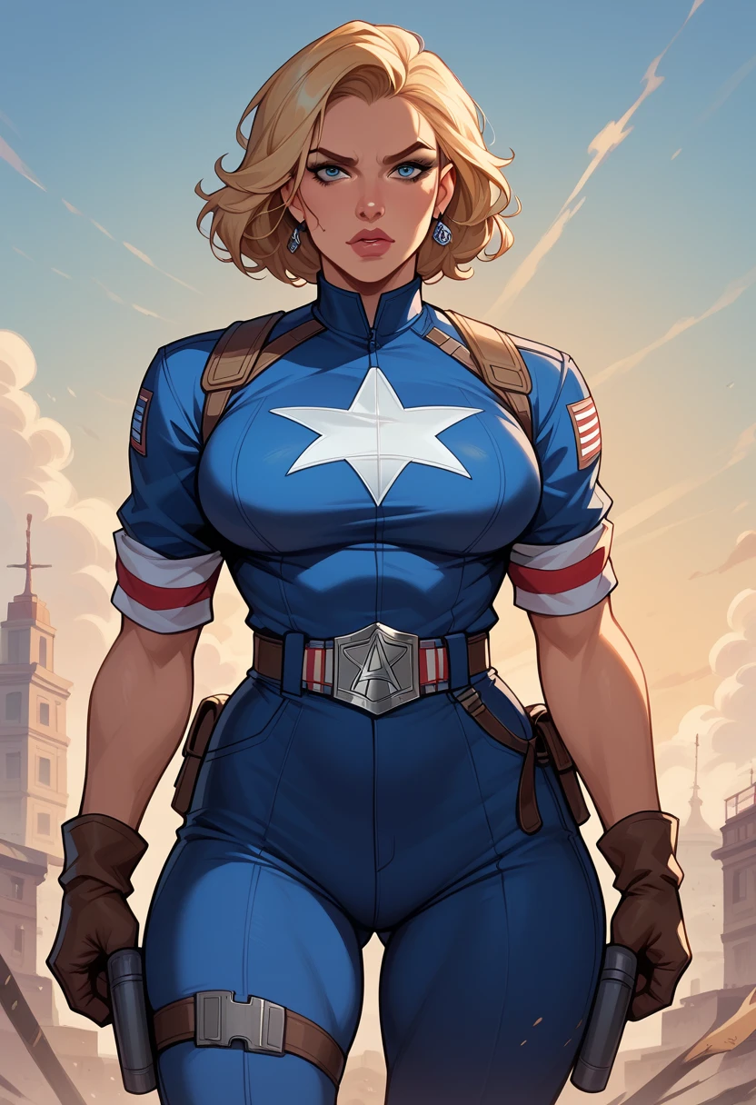 Young female, short blonde hair, wearing a blue outfit, wearing the Homelander costume, The Boys, Dressed in the Homelander outfit, wearing the United States flag on the cover