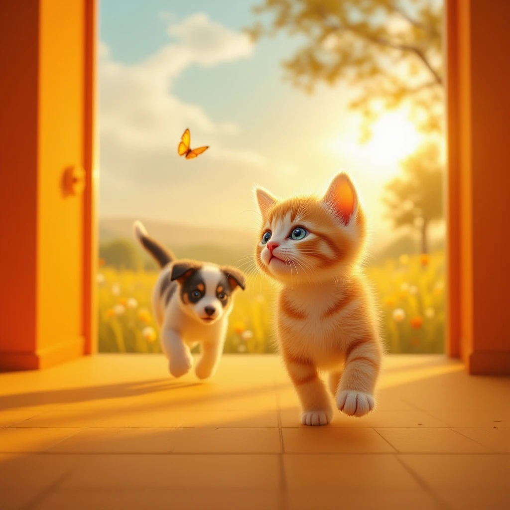 high quality,4K,Exquisite detail,Realistic,Kitten in photo-realistic orange and white room,with a black and white spotted puppy chasing in a sunny spring meadow,white butterfly flying,Large tree in the distance,full of joy,Professional portrait photography,Nature portrait,Vivid Vivid,Gentle Light
