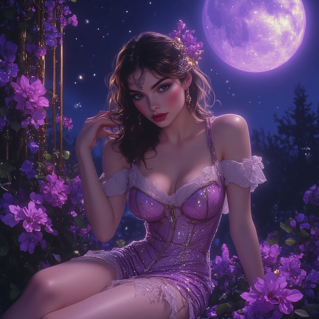 (erotic:0.9), masterpiece of a curvy woman in an ethereal garden, nighttime, (curly hair:1.2), wild hair, dark skin, hair up, galaxy, stars, moon, flowers, (tattoos:1.1), (freckles:0.8), skin detail, best quality, high detail, detailed background, rtx, 4k, 8k, <lora:floral_prom_dress07:1>,
