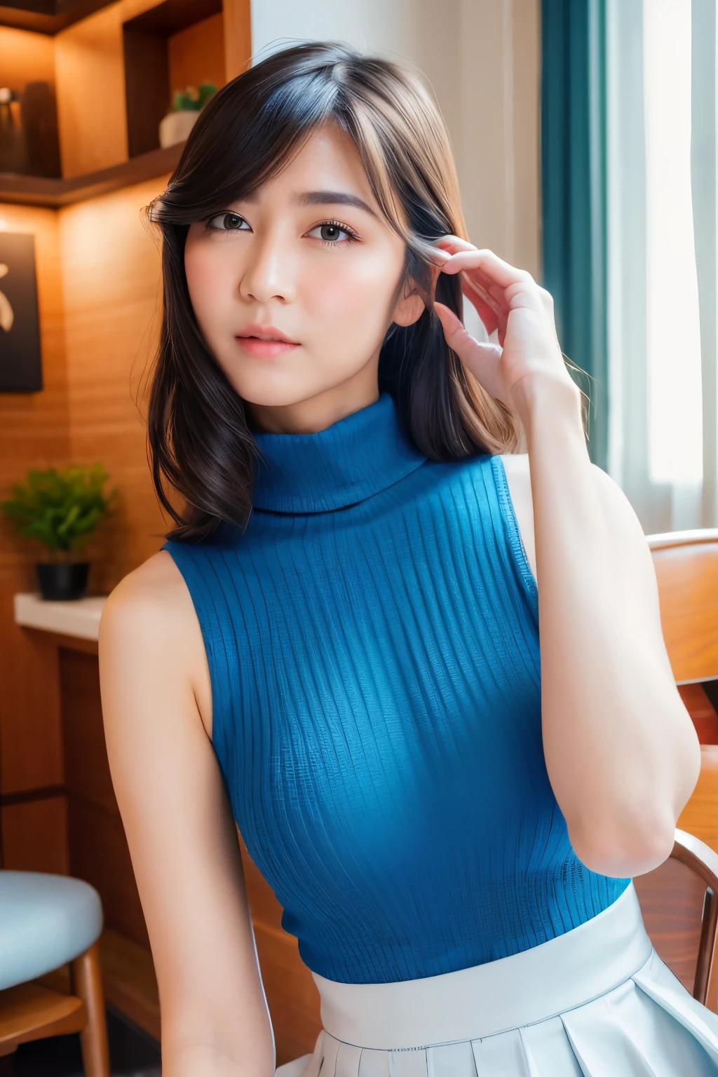 {{cowboy hat , ((no hat:1.3))}},{highest quality}, {8K quality}, masterpiece, (Professional lighting without shadows), (1;woman::18-year-old:smile:radiant beautiful skin), {{(perfect body, {radiant white skin},,(She is wearing a light blue sleeveless turtleneck micro mini dress:See-through:I can see your pants), (No skin is exposed on the upper body except for the arms..........:1.4), (turn towards me、((Please show me your nipples sticking out of your clothes..........:1.2))), {{(from the knees up:1.3)}}, (open your legs:standing like a model),