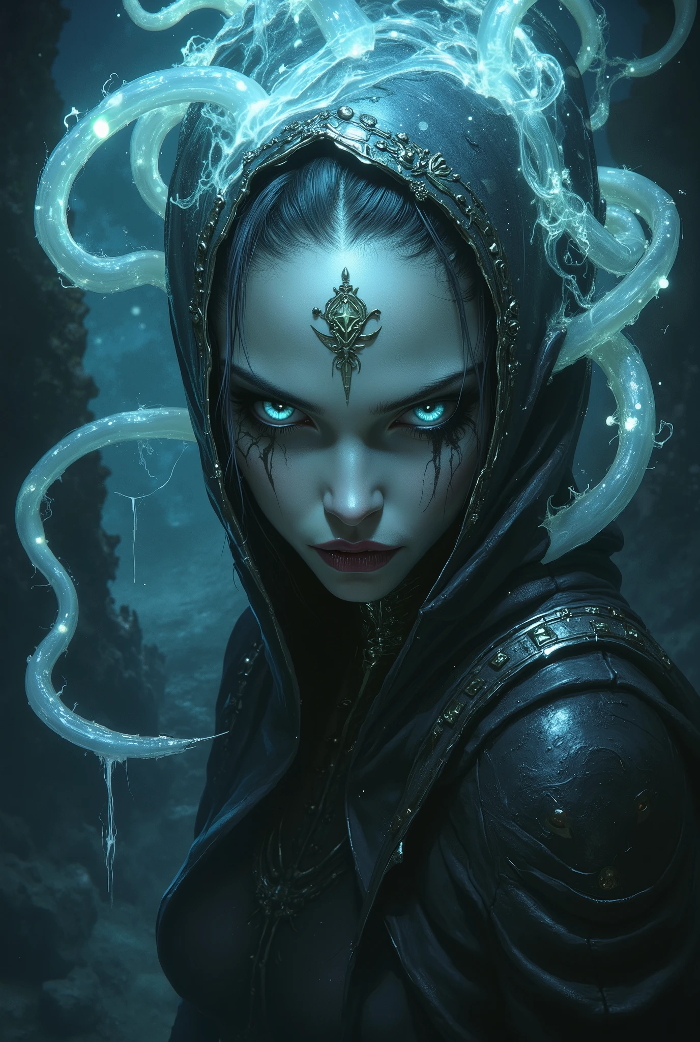 iridescent eyes, scary and sexy detailed art in color, Portrait, (beautiful and obscene female alien:1.4), (vulgarity1.7), (Translucent white skin:1.4), (There is a female genital-like organ in the middle of the forehead:2.3), (The most beautiful face in the history of the universe:1.2), an evil gaze that seduces, (sharp teeth like a vampire:1.0), Full body portrait, (bio luminescent:1.2),(Lots of translucent tentacles:1.3) , in the deep sea
