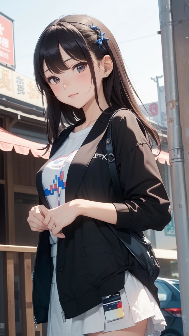 (4K works))、​masterpiece、(top-quality)、In front of the wall、Korean female、adult  woman、((Adult 26 years old))、((Face similar to Hyun Jin))、cool lady、tall、((Glaring expression))、((Sleepy face))、((Strong eyes))、((Wearing a white T-shirt and a black hooded jacket、Wearing long black pants))、((Wear a black mask))、((smaller face))、Slim body、((How to stand selling fights))、((Cheeky way of standing))、((Bad girl))、((Black long-haired))、((Yellow eyes))、((shot from front))、((Looking down on the viewer))、((rearing))、((Shot alone))、((Solo Photography))