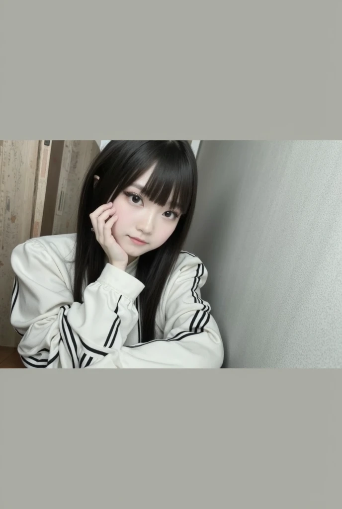 masterpiece, best quality, 1girl, solo, black hair, realistic, long hair, hoodie, bangs, bedroom, closed mouth, upper body, hime cut