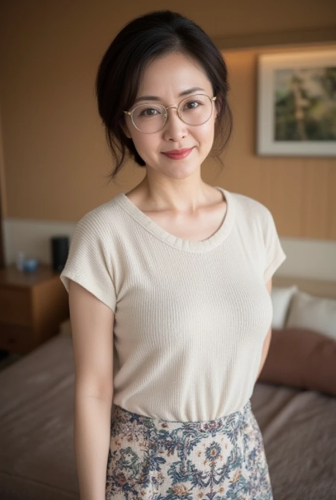 ((Highest quality, 8K, Ultra high definition)), ((masterpiece: 1.3)), (Perfect appearance), (Photorealism: 1.6), (JMA), (TI), (Portrait of a Japanese mature woman), (Japanese mature woman standing at the door), (Blurred Background: 1.8), ((A naked woman standing in the center of the screen)), ((Realistic skin texture)), (Fine lines all over the skin), (Dull skin), (Facial wrinkles), (Wrinkles around the eyes), double eyelid, Tear bags under the eyelids, (Glasses), (Short bangs), (Long Hair), (Disheveled Hair), (Slim body), (Small breasts, Flat Chest), (Small breasts), (T-shirt that fits the body: 1.4), (Bukkini Jeans), (Focus on the upper body),