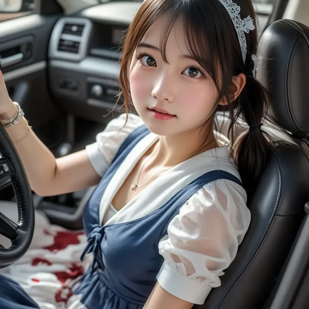 Soft NSFW,in car,1girl in,A smile,sit,I'm spreading my legs,,poneyTail,gal make, A slender,{Sweat},student clothes,Open Shirt,{{}},{{Skirt lifting},{{{}}}}{{blush}},Polka dot underwear,masturbation,Cowgirl,White liquid,Raise the skirt with your hands,