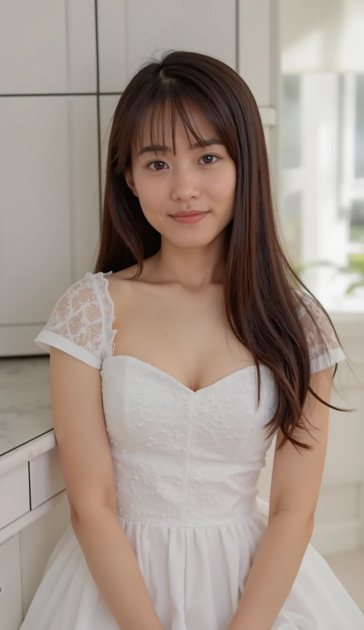 A close up of a woman in a white dress sitting on a counter - SeaArt AI
