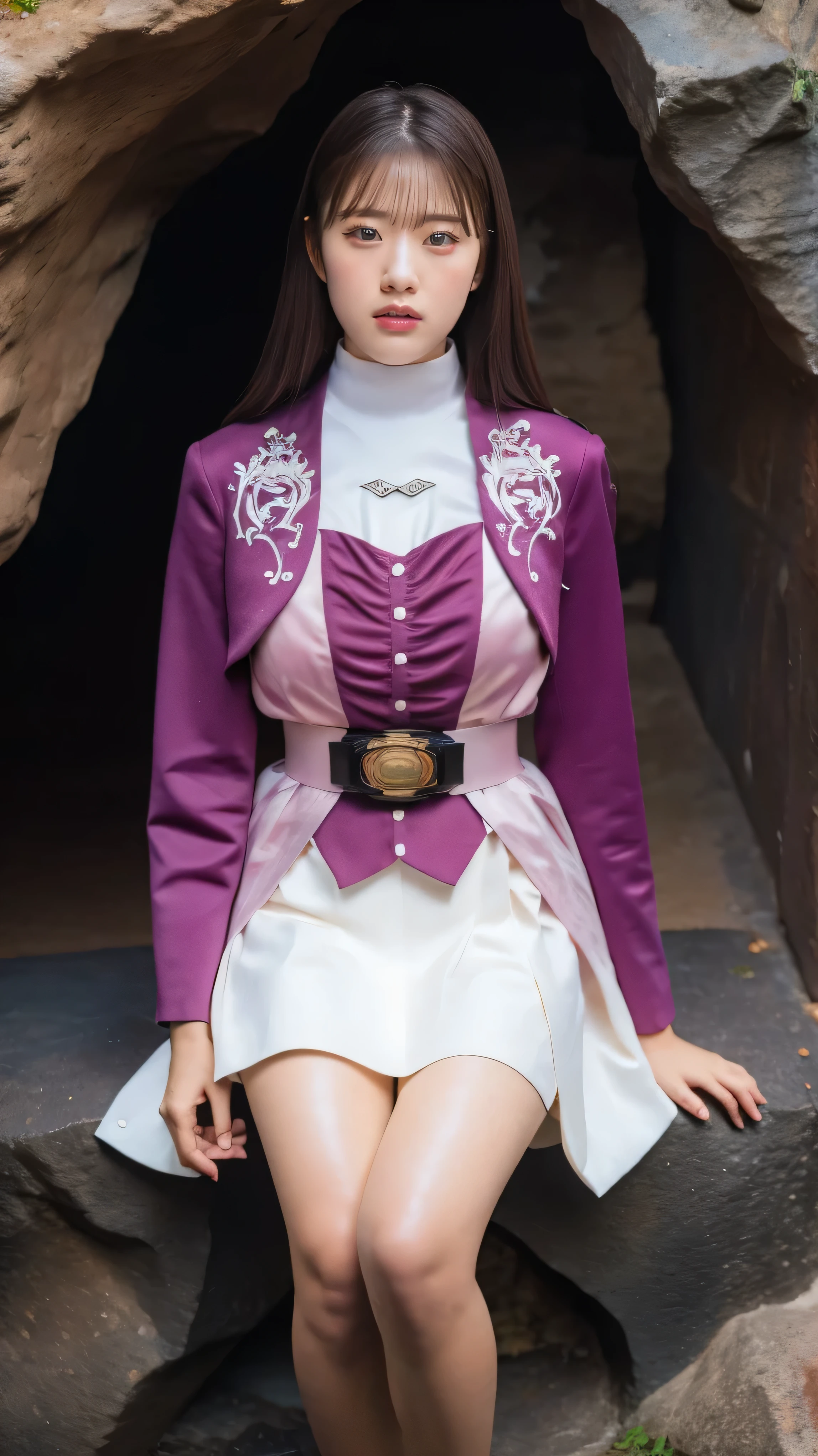 ( 高精細CG),( highest quality ),((front view)),(( Composition showing the top from the waist)),(( in a dark cave)),(( 1girl )), perfect face, shiny skin , wide hips , thin waist, purple bolero jacket,((white skirt)), Long Sleeve , pink belt,((brown hair color )), straight long hair,((Composition showing the part above the knee where the eyebrows are bent in the shape of a C )),(( crying face)),((Sit with your knees on the floor)),