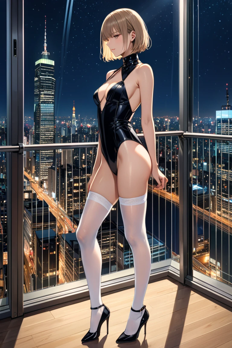 (Highly quality, masterpiece, detailed), city detailed scenario, city detailed background, solo, Gwen, blonde hair, multicolored hair, short hair, hairband,sitting on top of a building, perfect face, beautiful eyes, look at the viewer, Sexy pose, sexy lingerie