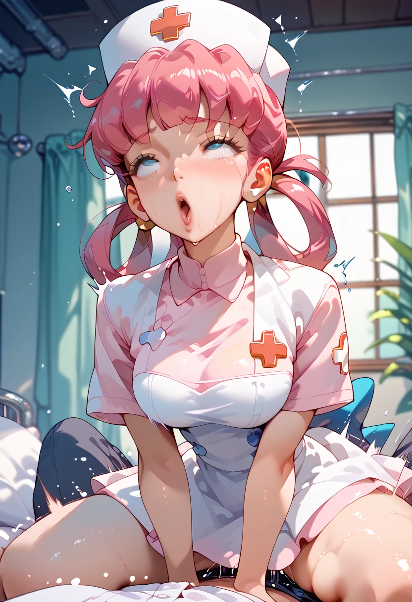 ((score_9,score_8_up,score_7_up, high resolution,ultra detailed,absolutely resolution)),1 erotic 18years old girl,dark red hair,twin tails,nurse+cleavage,thick nipples,erection of nipple,collar,(multiple penis+ejaculation:1.5),(open mouth+out tongue:1.2),(excessive bukkake+excessive cum+cum in mouth+cum in hair+cum facial+cum on body:1.2),(ahegao+double peace:2),from above,upper body,looking at viewer,Restroom