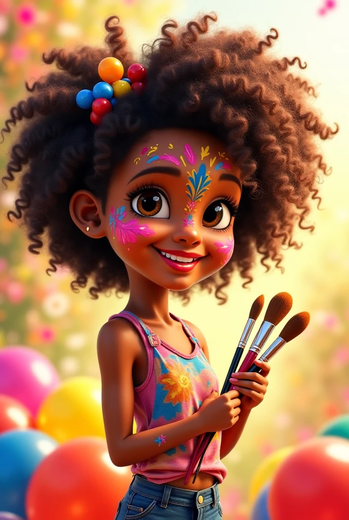"((Dancing in the water)) is brown-skin girl with curly long blue hair ((eyes close)) ((smiling)) ((happy)) the girls feet sends sprays of water upwards. ((Around the girl's feet is brown beads))"
