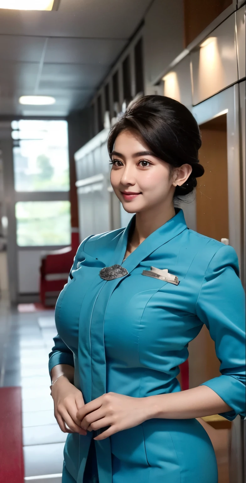 Indoor airlanes,black hair, indonesian,wearing garudaindonesia uniform,white skin,large breastasterpiece),((sfw)),busty,big breasts