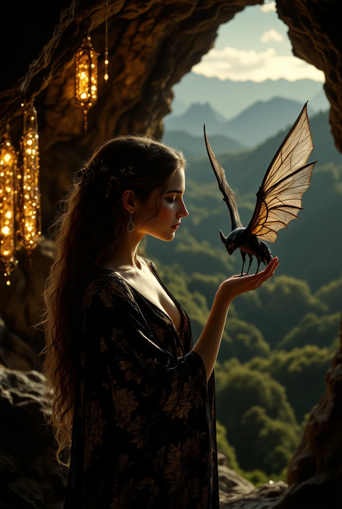 Mountain Eagle Beautiful on the elbow, The Beautiful Girl with Long Hair, , a gorgeous patterned dress and a beautiful neckline, velours, Leaning on the Oak Tree where magical Patterns draw swirling glowing circles, overlooking the Forests and Mountains, Sunset, crystals burn in the Cave with a fluorescent glow, Very Beautiful , ( Masterpiece , best quality), высокое качество, 8 k, intricate details, maximum quality, fantasy style,