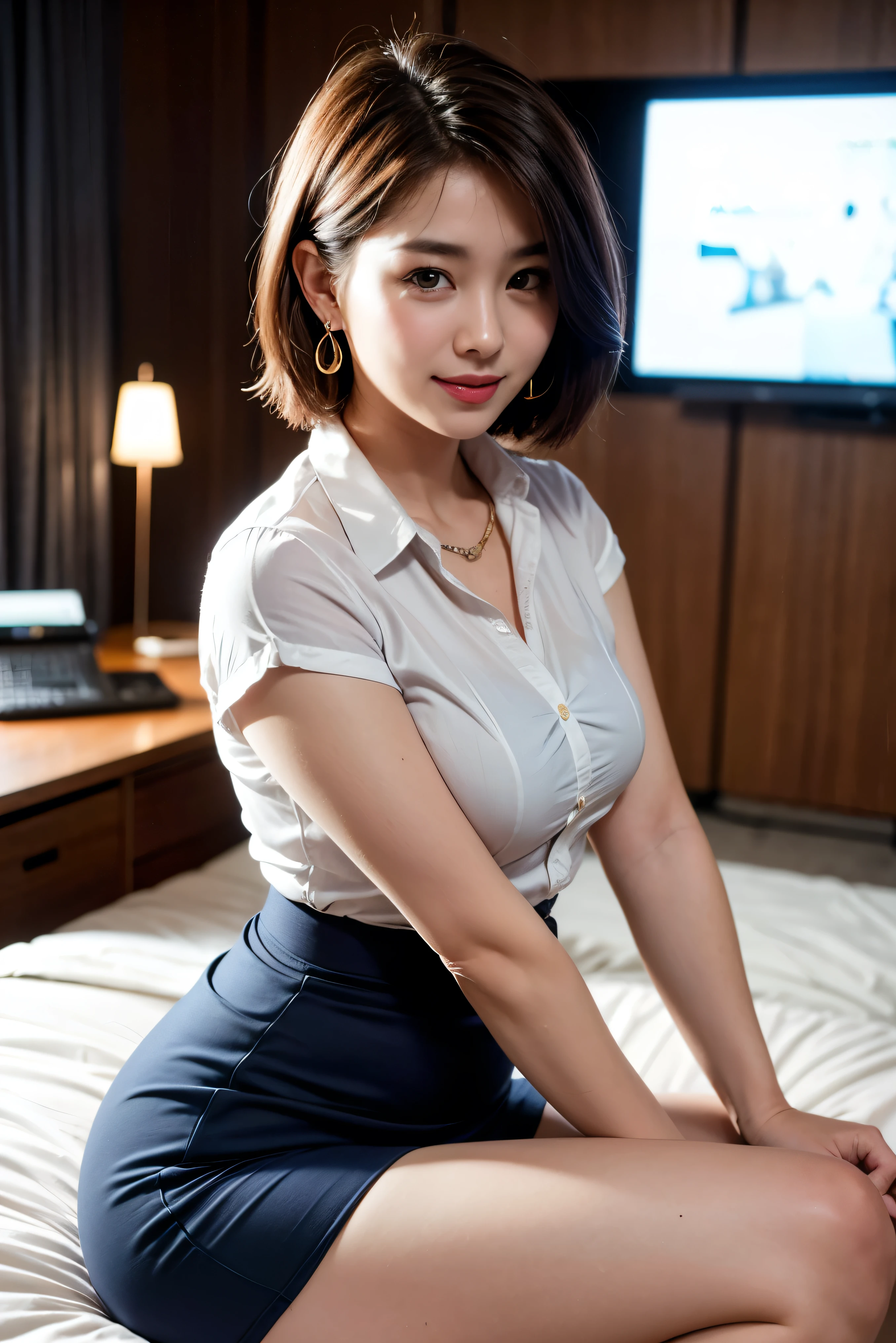 a gorgeous lady, age 21, Flight Attendant uniform, Shenzhen Airlines Stewardess, white shirt and pink mini-skirt, natural pose, sitting on bed, dimpled smile, short ponytail hair, short bob hair, cute snaggletooth, well-endowed round bosom, long flawless legs, photorealistic, beautiful detailed eyes, beautiful detailed face, hyper-realism, high contrast, ultra HD, realistic skin textures, top image quality, top-quality, super high resolution, fine details, very meticulously, full body shot, dark bokeh night background, ass focus