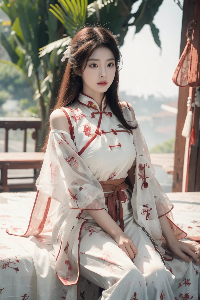 ((best quality)), ((masterpiece)), (Costume hairstyle，Air bangs，Blush，Shy expression，Bright beautiful eyes，Long eyelashes，sexy hanfu clothes，（Rose red dragon and phoenix embroidered Hanfu），Chinese style room，Classical furniture，Lattice windows，curtain，antiquity), perfect face，