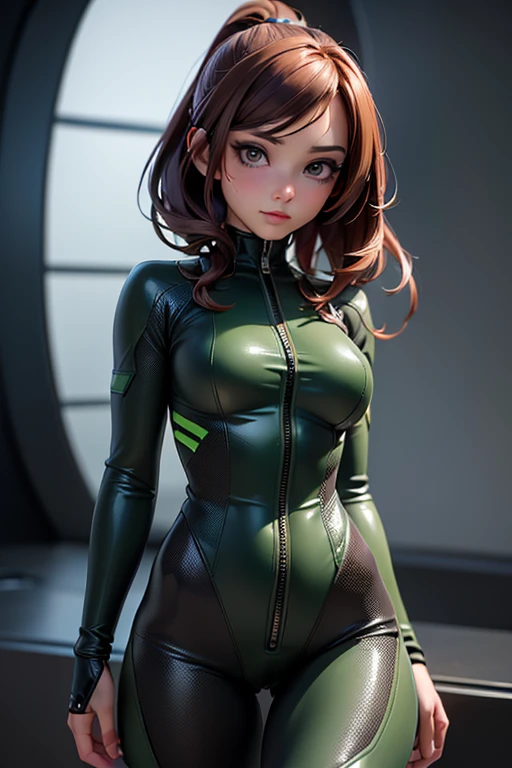 the real thing、1人、ligh brown hair、Longhaire、Twin-tailed、Bewitching face、Green eyes、Infant body shape、((small tits))、((rubbersuit:1.5)), I can see my nipples、((big breasts thin waist))、a wet body、cowboy shot、Forward-facing、Shiny body、pee、Looking at the camera、((genitals are visible))、Shooting from the side、masterpiece、top-quality