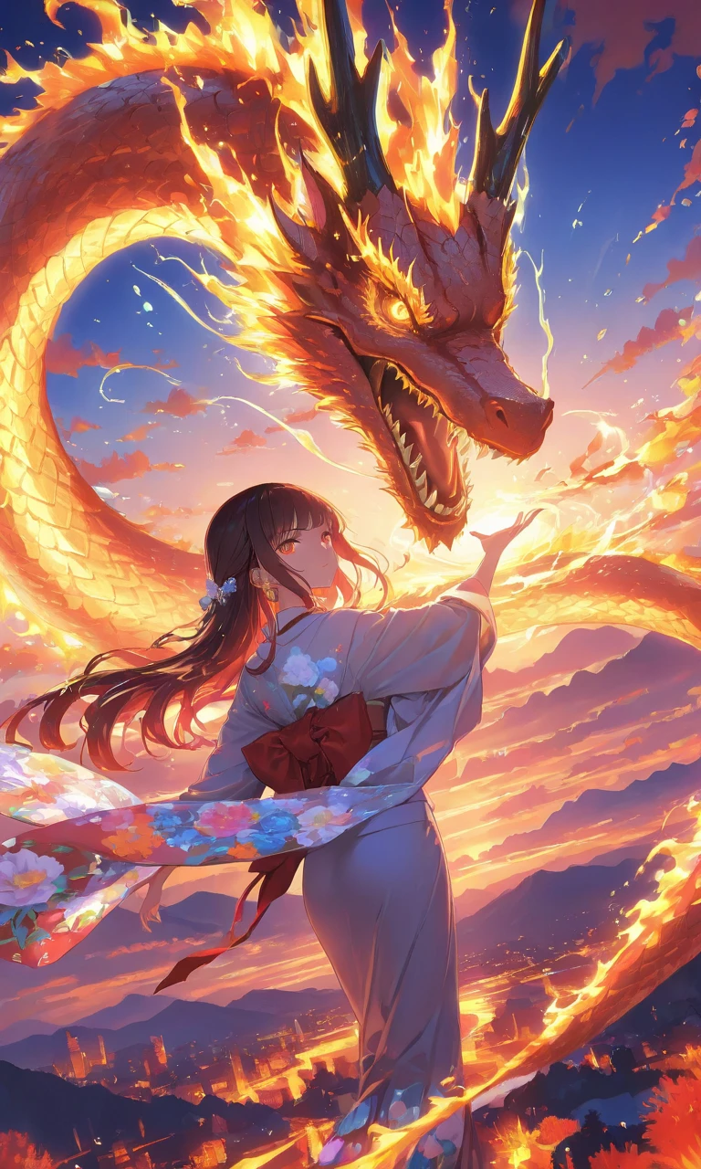 1girl, detailed japanese girl, beautiful detailed anime girl, elegant japanese woman, delicate facial features, mysterious expression, dynamic pose, powerful dragon, large dragon backdrop, dramatic angle, cinematic view, detailed fantasy landscape, mountainous environment, vibrant colors, digital painting, 8k, ultra-detailed, volumetric lighting, cinematic lighting, dramatic shadows, vivid colors, warm color palette, digital art,