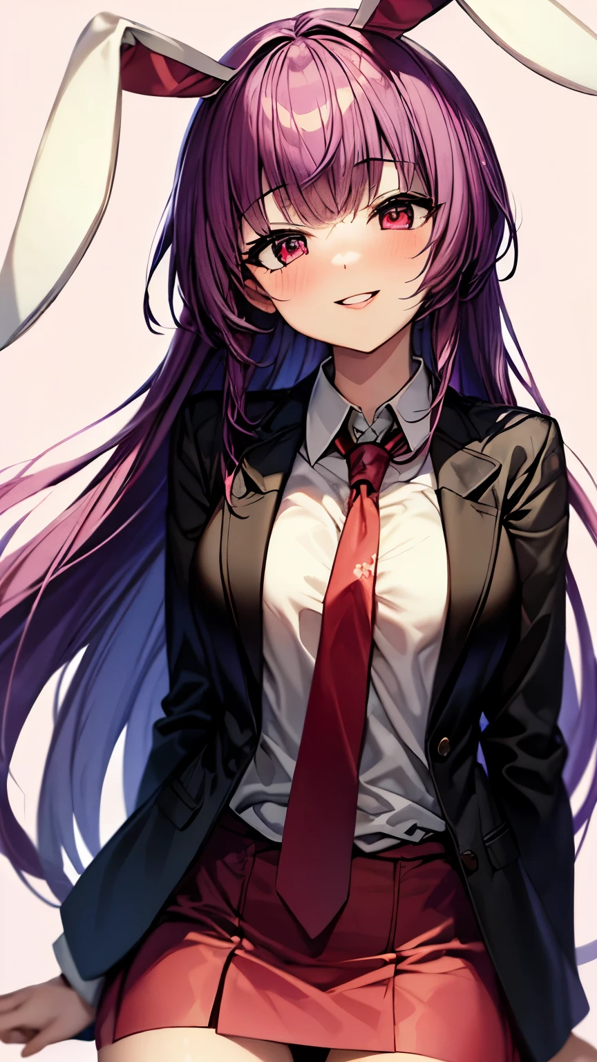 (Ultra High Quality,super high resolution,16k,Super Masterpiece,Ultra HD ,detailed shading and background,)one girl, long purple hair,Rabbit Ears,white shirt,red tie, black blazer ,pink miniskirt with long bangs,pussy sticking out,smile,blush,Open your lips a little,Bamboo Grove of the Rising Sun,
