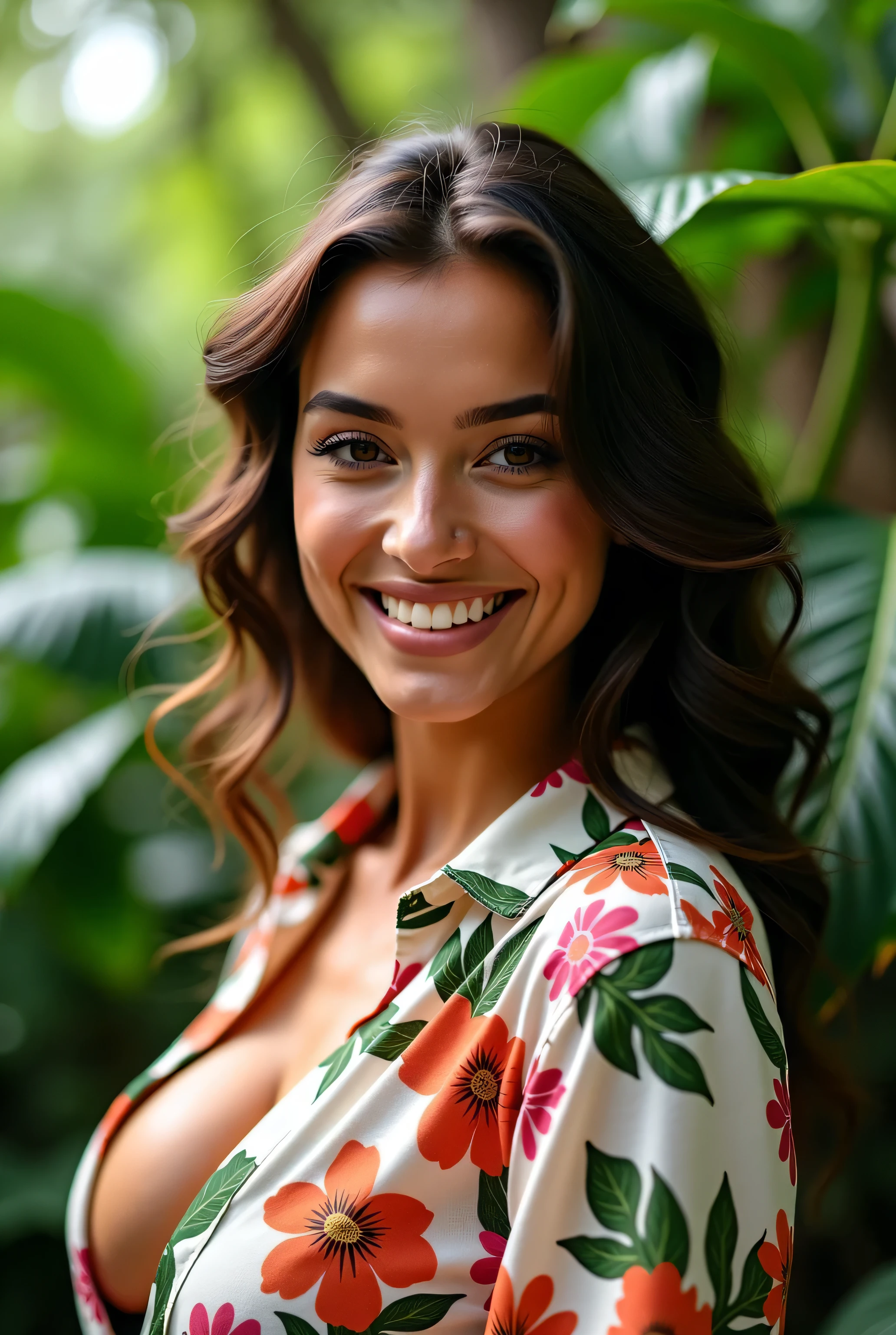 A Brazilian woman in a lush tropical garden, wearing an open shirt with a floral print, with a close-up capturing the harmonious beauty between her breasts and the natural flowers, showing off your natural charm and outgoing personality.