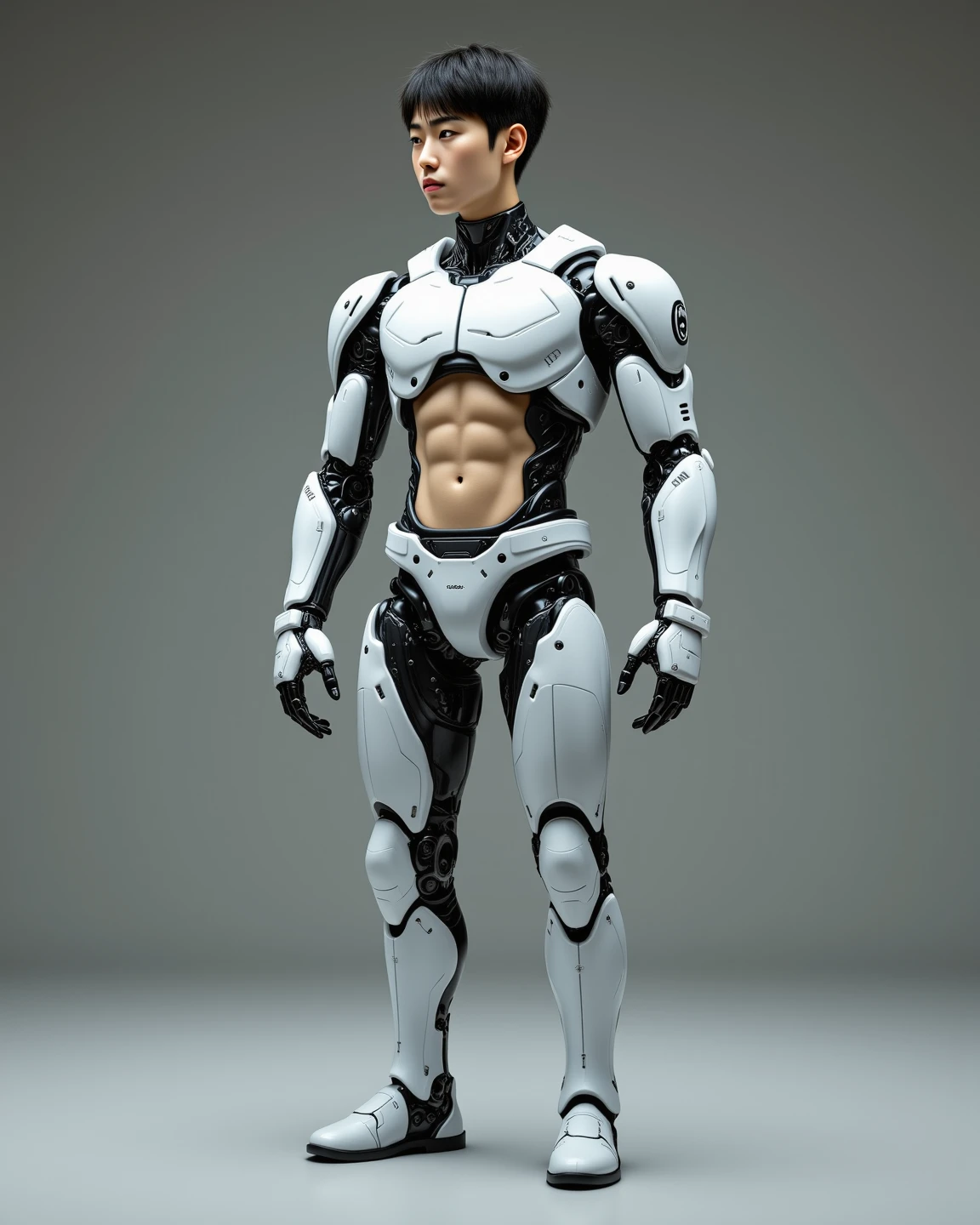 Handsome male 16 year old Japanese model Very short, cropped black hair future universe Soft Macho nude White mechanical parts attached to bare skin Naked, white exoskeleton mechanical parts attached, hard parts attached looking at the camera Soft Macho nude In the middle of installing white electronic parts on nude