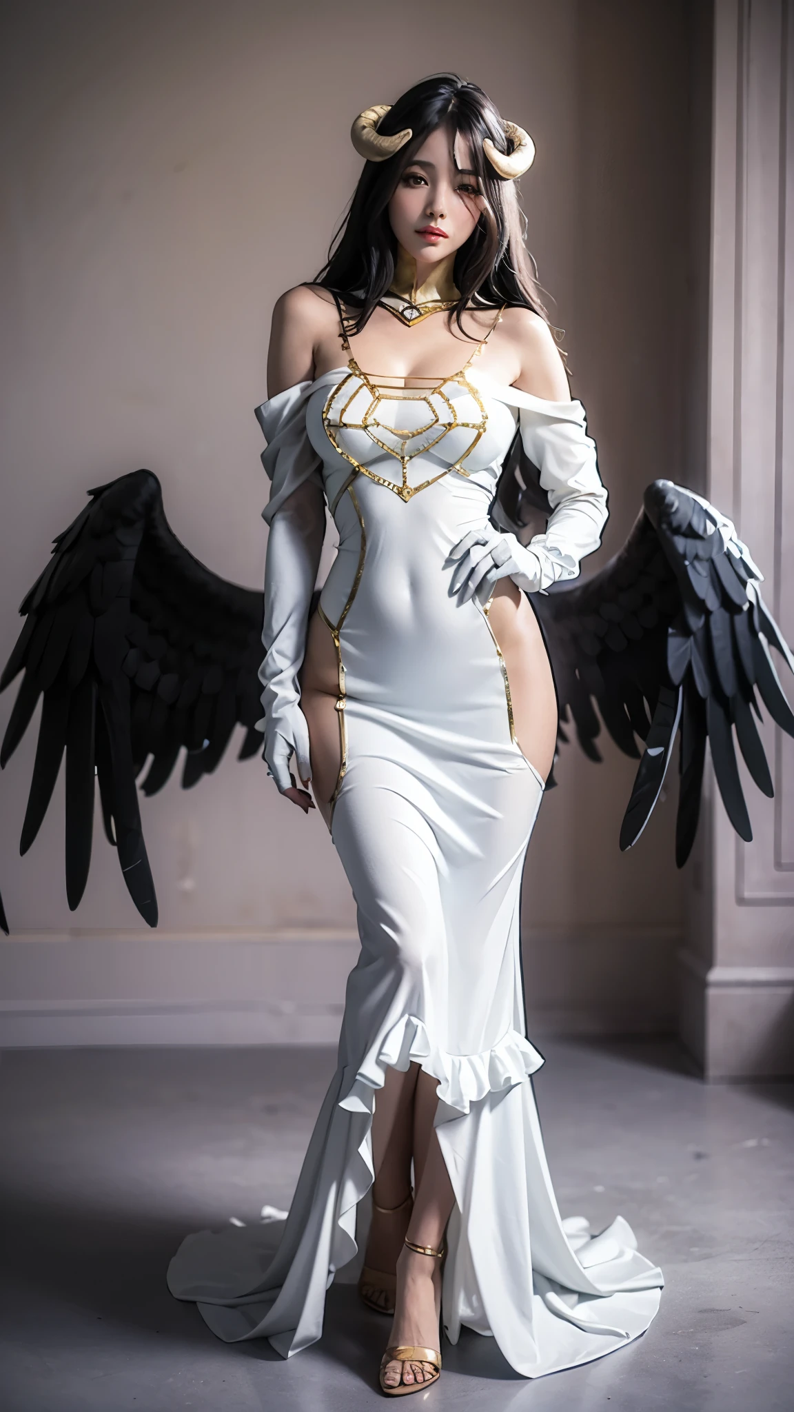 ((masterpiece, best quality)), insaneres, absurdres, solo, looking at viewer, MainWhiteDress_Albedo_ownwaifu, 1girl, black hair, white horns, hair between eyes, yellow eyes, slit pupils, pale skin, very long hair, large breasts, low wings, black wings, black feathers, makeup, albedo_(overlord), white dress, hip vent, detached collar, gold trim, bare shoulders, white gloves, bare hips, bare legs, collar, detached sleeves, cleavage, elbow gloves, frills, shiny, (contrapposto, hand on hip), sunset, sidelighting, depth of field, light particles,