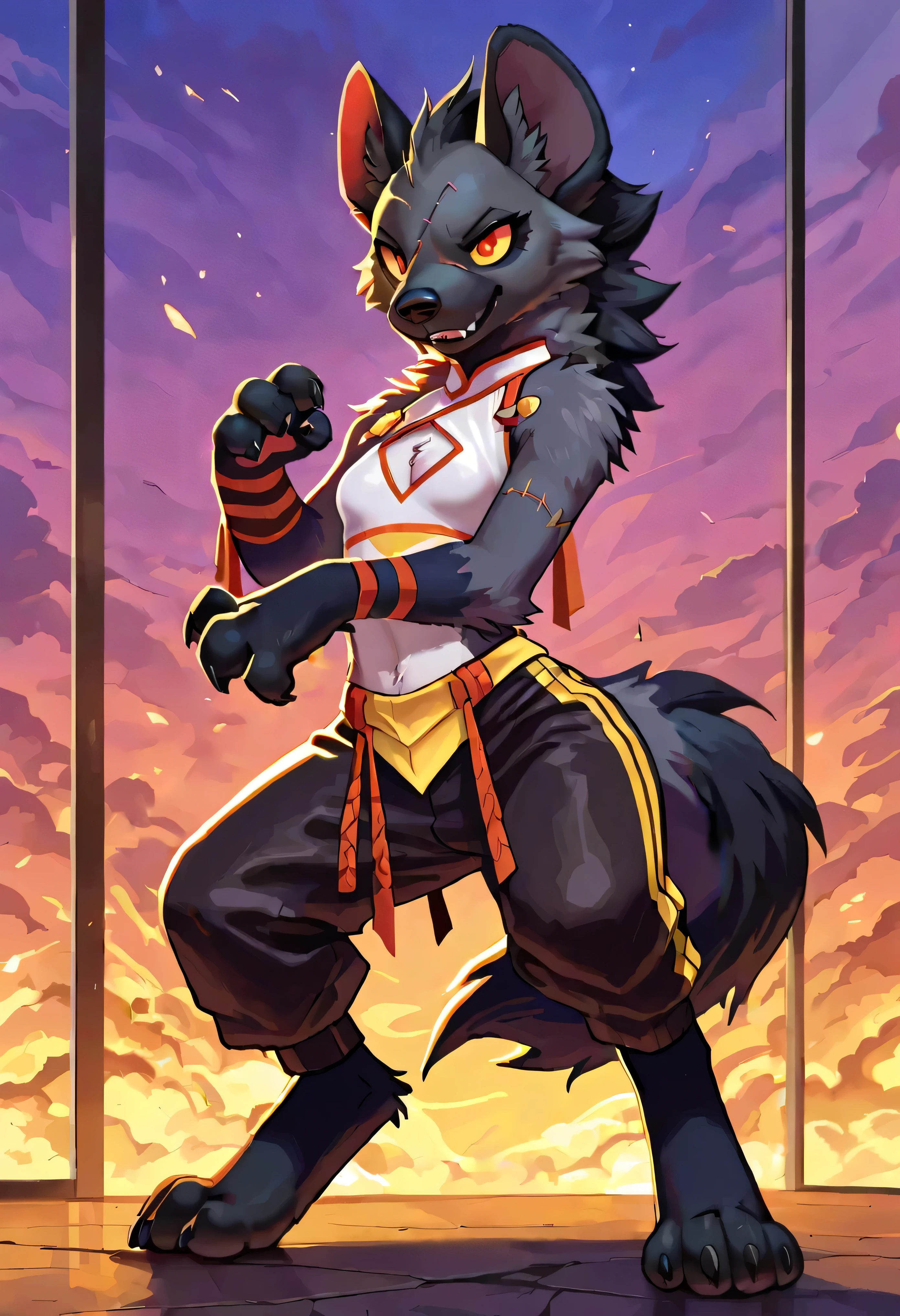 [NSFW] - [Click Remix* for 🫣 Uncensored Version]. (Ow<) Wink* - By silverfox5213, living plushie hyena, female solo, soft furs, stitches, white chest, chest furs, paw, stance, full body in picture, ((kongfu outfit, pants)), 
