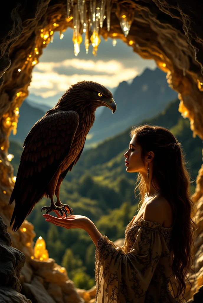Mountain Eagle Beautiful on the elbow, The Beautiful Girl with Long Hair, , a gorgeous patterned dress and a beautiful neckline, velours, Leaning on the Oak Tree where magical Patterns draw swirling glowing circles, overlooking the Forests and Mountains, Sunset, crystals burn in the Cave with a fluorescent glow, Very Beautiful , ( Masterpiece , best quality), высокое качество, 8 k, intricate details, maximum quality, fantasy style,