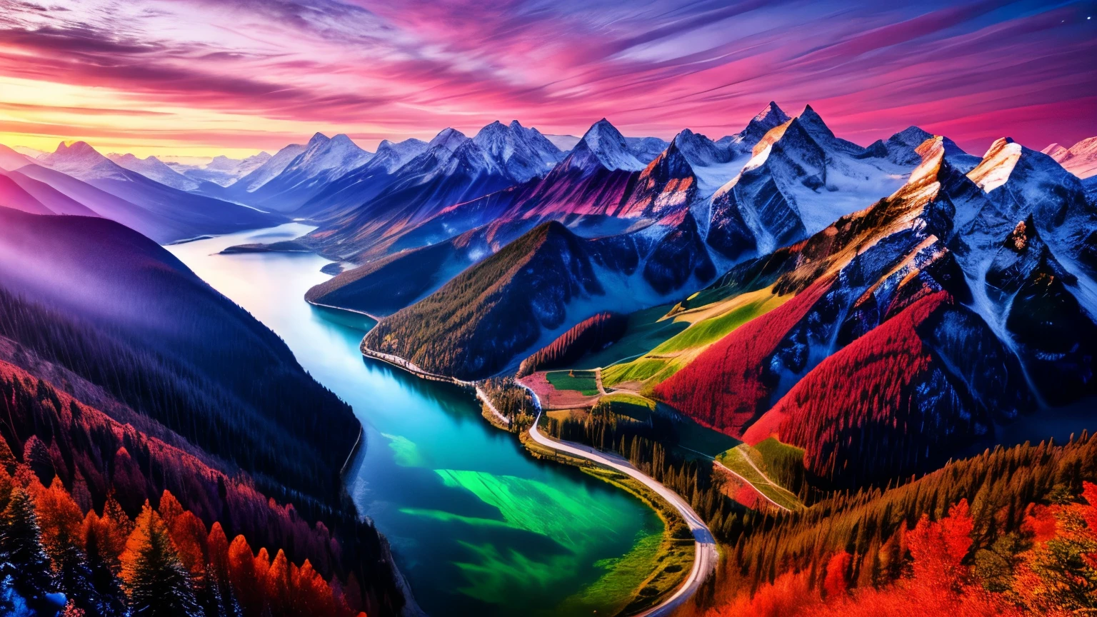 best quality, masterpiece, Beautiful Wild Natural Fantasy Scenery with Shining Light,Spectacular nature ,Delicate Natural Atmosphere,Majestic scenery shining in red and purple,Aerial view,