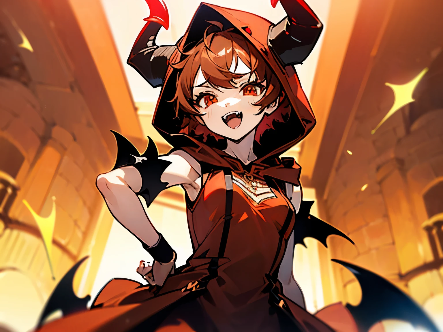 (SFW:1.5),(small breasts:1.3),anime, UHD, masterpiece, accurate, anatomically correct, super detail, high quality, best quality, highres,beautiful,(1athletic female:1.5), (alone:1.5), look at viewer, intricate details, (shining eyes:1.3),(Eyes are bright red:1.5),(short hair:1.5),(Mahogany brown hail:1.5),(sidelocks:1.4),(Demon horns on head:1.5),slant eyes,Healthy eyes,( wide open your mouth and fangs),(Party Dresses:1.4),(hood up:1.5),(Sharp focus:1.2),light smile,(upper body:15),aggressive,((standing)),tights,((tachi-e)),(sleeveless shirt),(shushing:1.2),