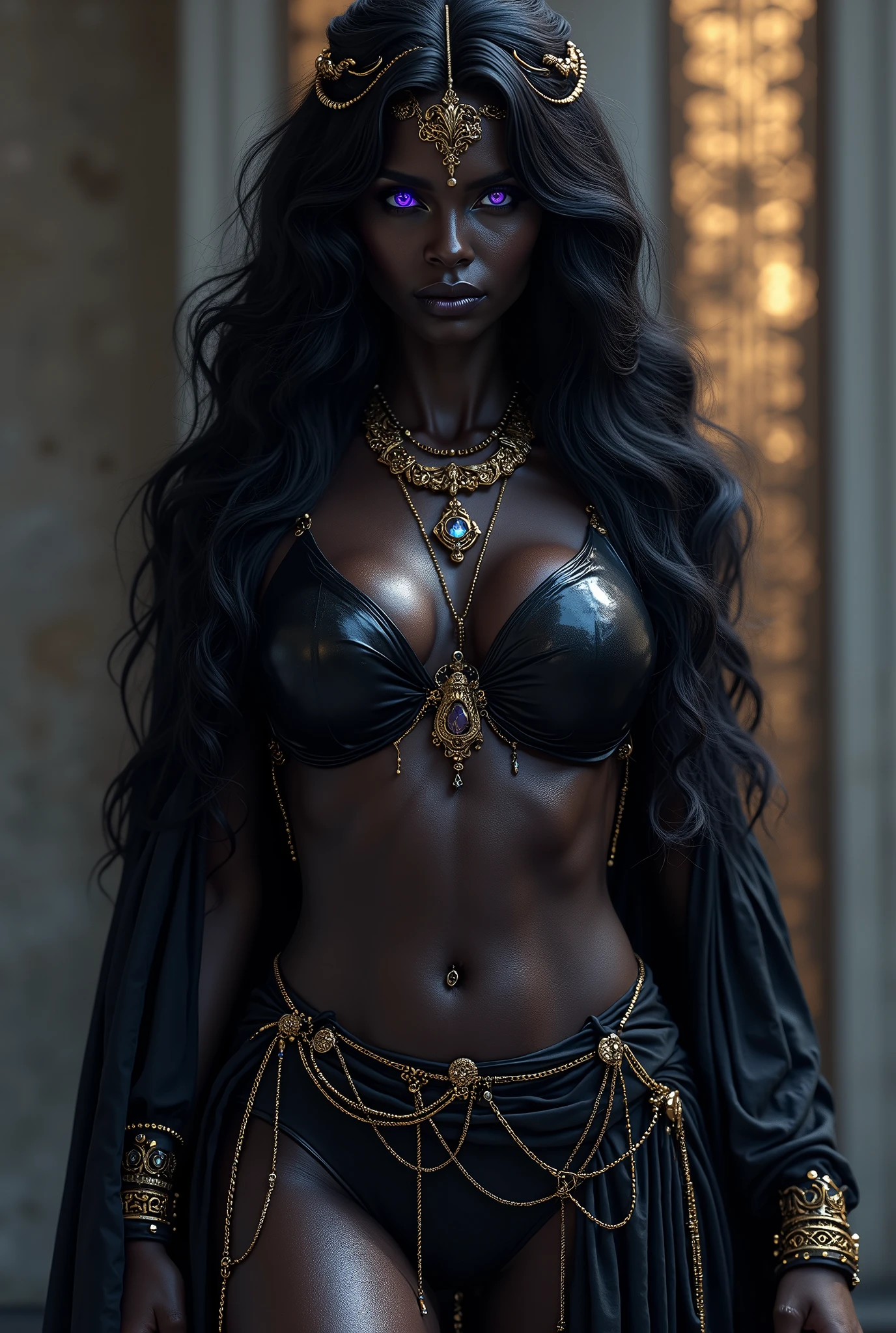 Healthy muscular dark African woman.. Dark Ambient Dark Fantasy. perfect eyes, perfect anatomy, best quality, relief, dark gothic, concept art, psychedelic, post-apocalyptic, sinister, oil painting, fine flowing lines, light gentle shadows, + 36.5mm f0 cinematic quality, + Jeremy Mann, Peter Elson style , Alex Maleev, Ryoheya Hase, Rafael Sanzio, Pino Daeni, Charlie Bowetta, Albert Joseph Peno, Ray Caesar