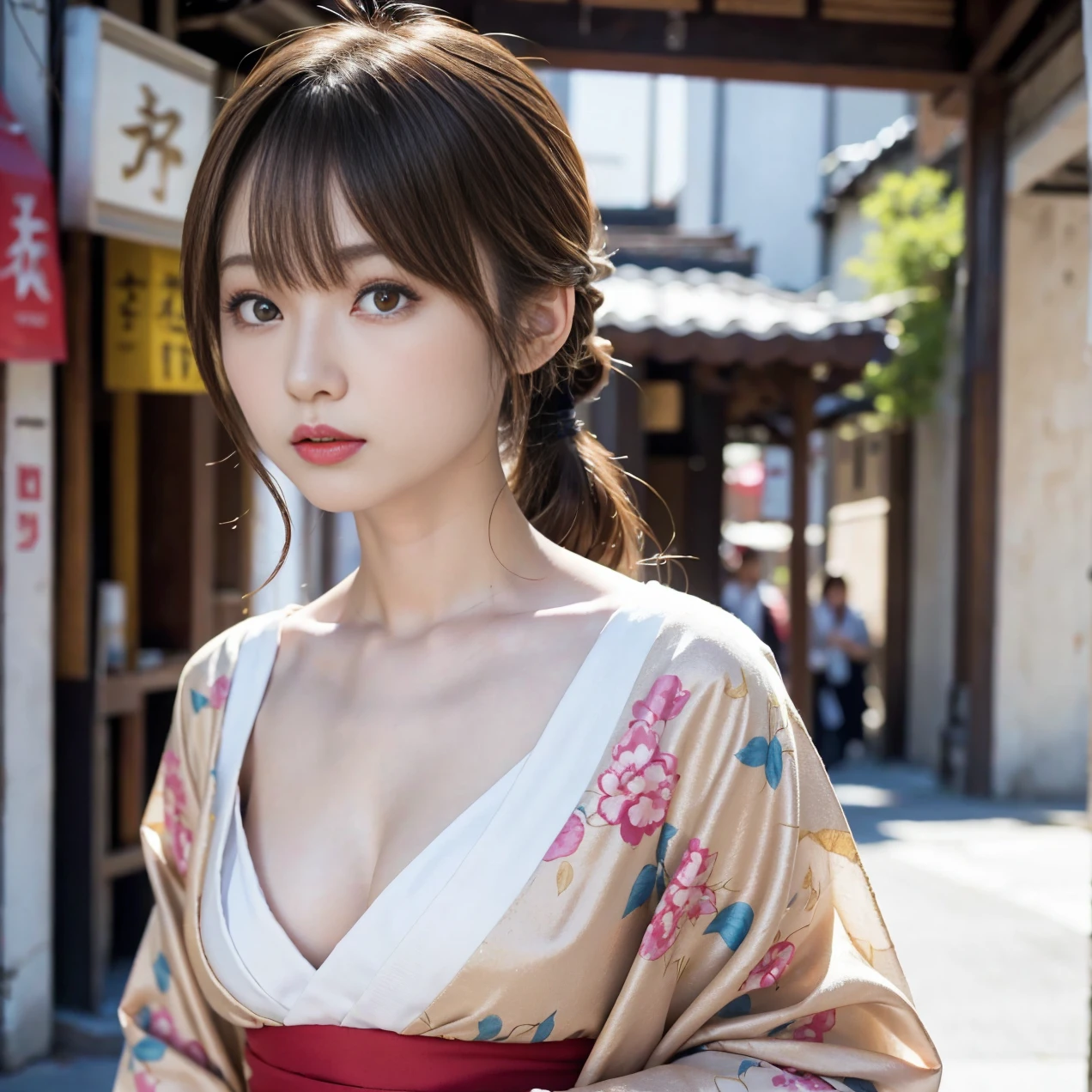 highest quality、4K or 8K resolution、An illustration、(photorealism;1.4)、Super detailed brush strokes、Sharpness、bright color combination、futuristic scene、1girl、Bewitching、sexy、eros、cowboy shot、Front facing、elegant japanese geisha、beautiful face、detailed and perfect face、Beautifully detailed eyes and lips、white skin、Unevenness of the skin、Beautiful and soft skin that makes you want to touch it、Glistening with sweat、(big breasts)、thin waist、big ass、sexyな太もも、Traditional kimono with intricate patterns and designs、(Shoulders are exposed)、I can see your chest、 I can see the cleavage、Nipples seem to be visible but not visible、(off shoulder style) 、
(Depth Fields:1.3)、blur、鮮やかなCherry treeと静かな鯉の池、elaborate garden、Cherry tree、and the intricate details of the carp's shimmering scales.、Lighting that emphasizes the graceful features of the geisha、