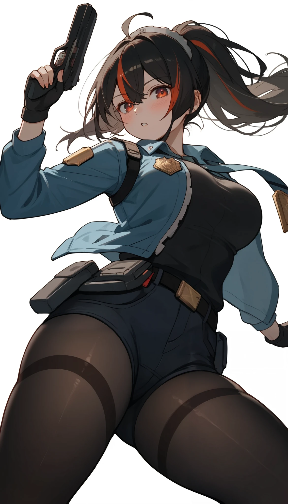 score_9, score_8_up, score_7_up, score_6_up, score_5_up, score_4_up, (masterpiece: 1.0), best quality, 1girl , Alone, Viewer, simple background, expression of disapproval, Victory Gesture , Running action, blush, Disdainful Eyes, From below, Black Stockings, Police Uniform, big breasts, style: midjourney, zhu_Yuan, white background