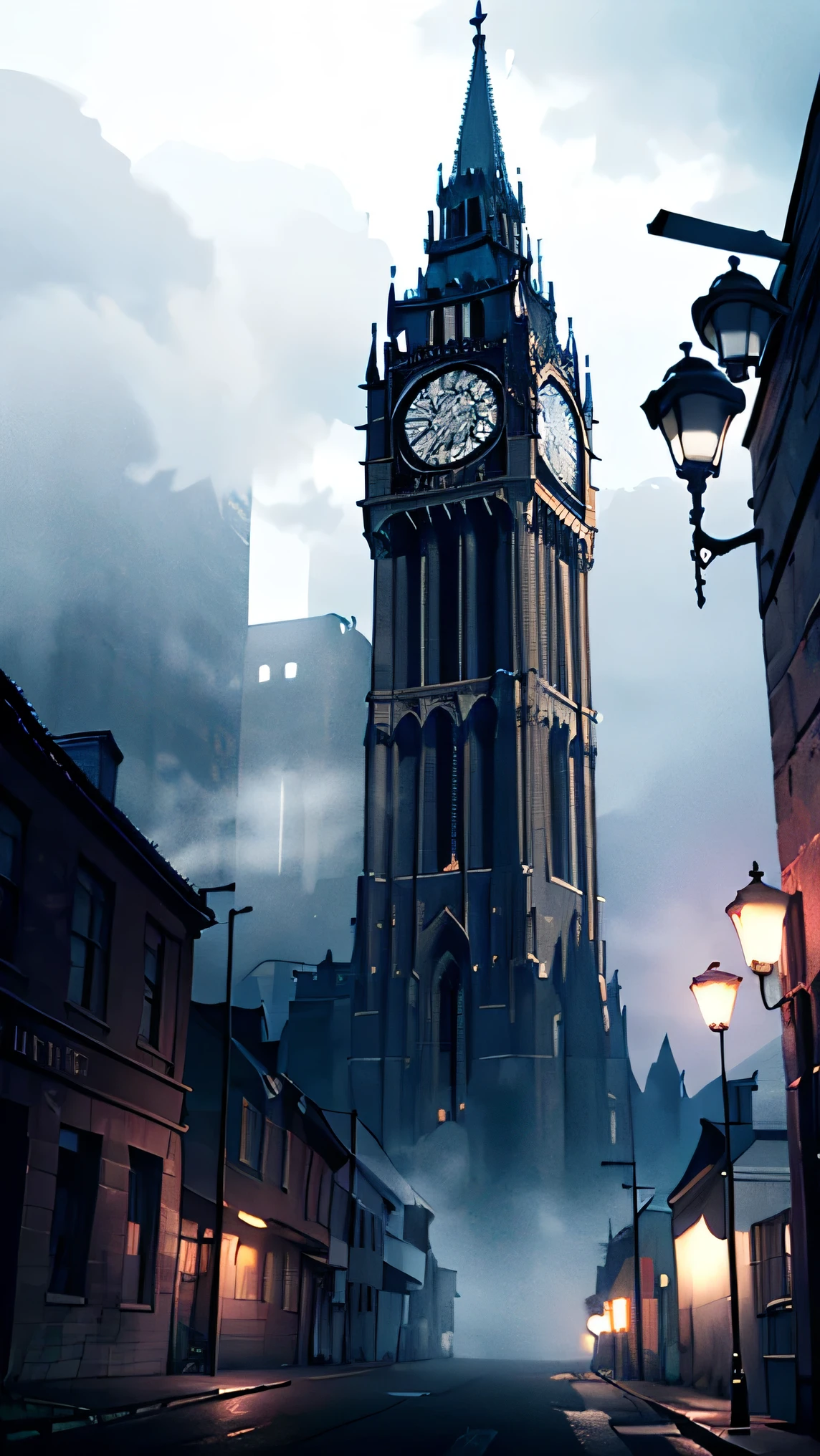A dark and eerie abandoned town at midnight, a towering gothic clock tower with stopped clock hands, thick fog covering the streets, dim flickering streetlights, mysterious shadows cast on the buildings, cinematic horror lighting, deep blue and purple hues, highly detailed, ultra-realistic, 4K