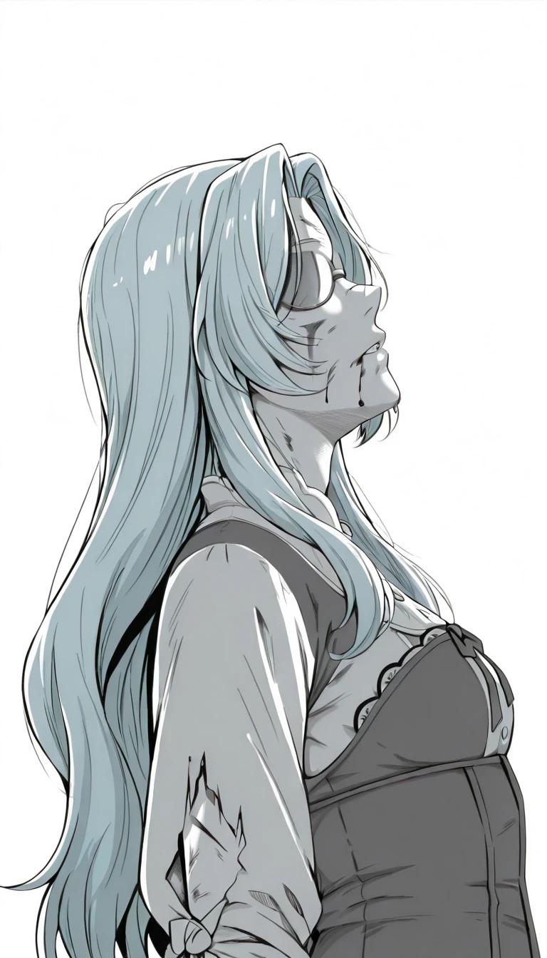 kanekistatus, greyscale, 1girl, solo, mature female, eva aesland, long hair, light-blue hair, glasses, parted bangs, ((small breasts)), injury, blood, blood on face, blood on arm, cuts, bruise, covered eyes, no eyes, leaning back, looking up, from side, profile, upper body, white background,