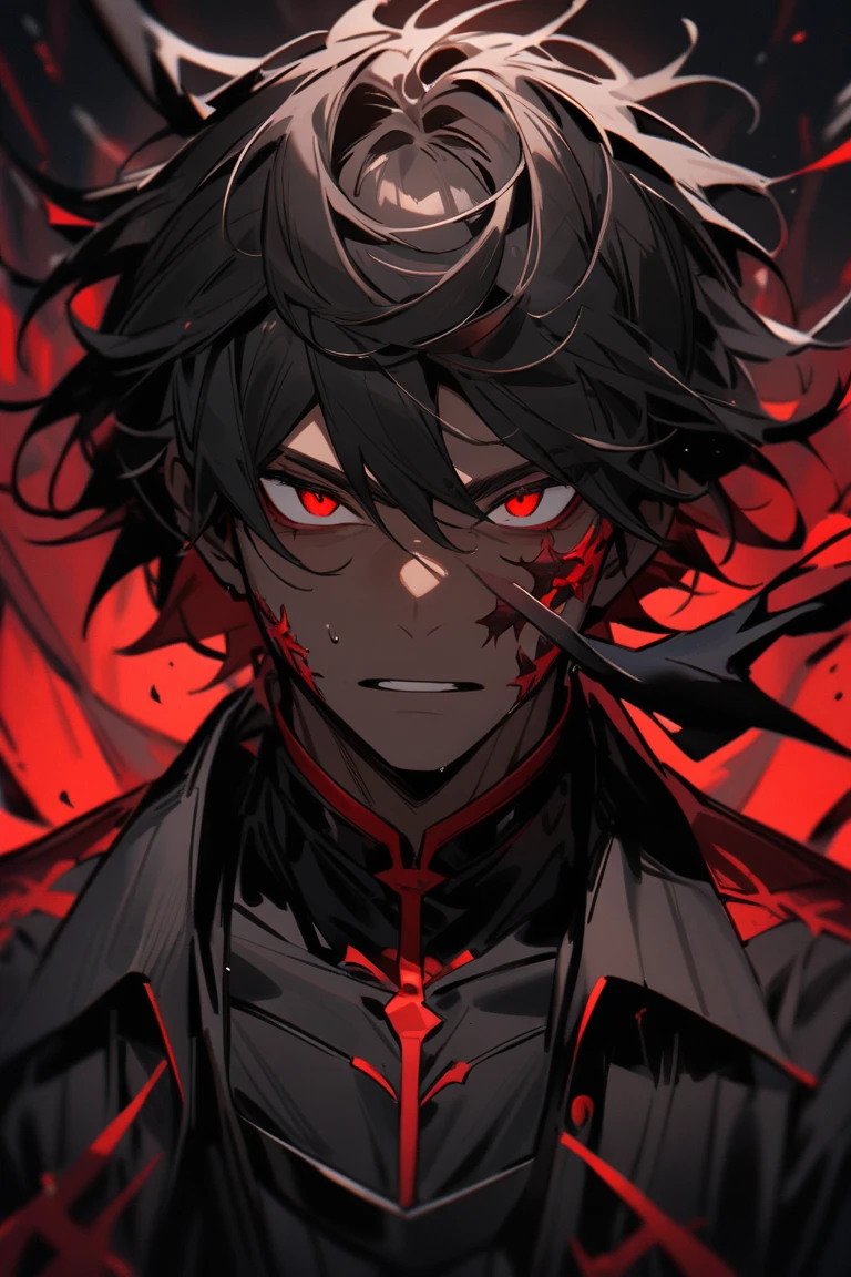 dark aura, hell, male, red eyes, bats, blood, black dark red hair, chain, spikes, experinced