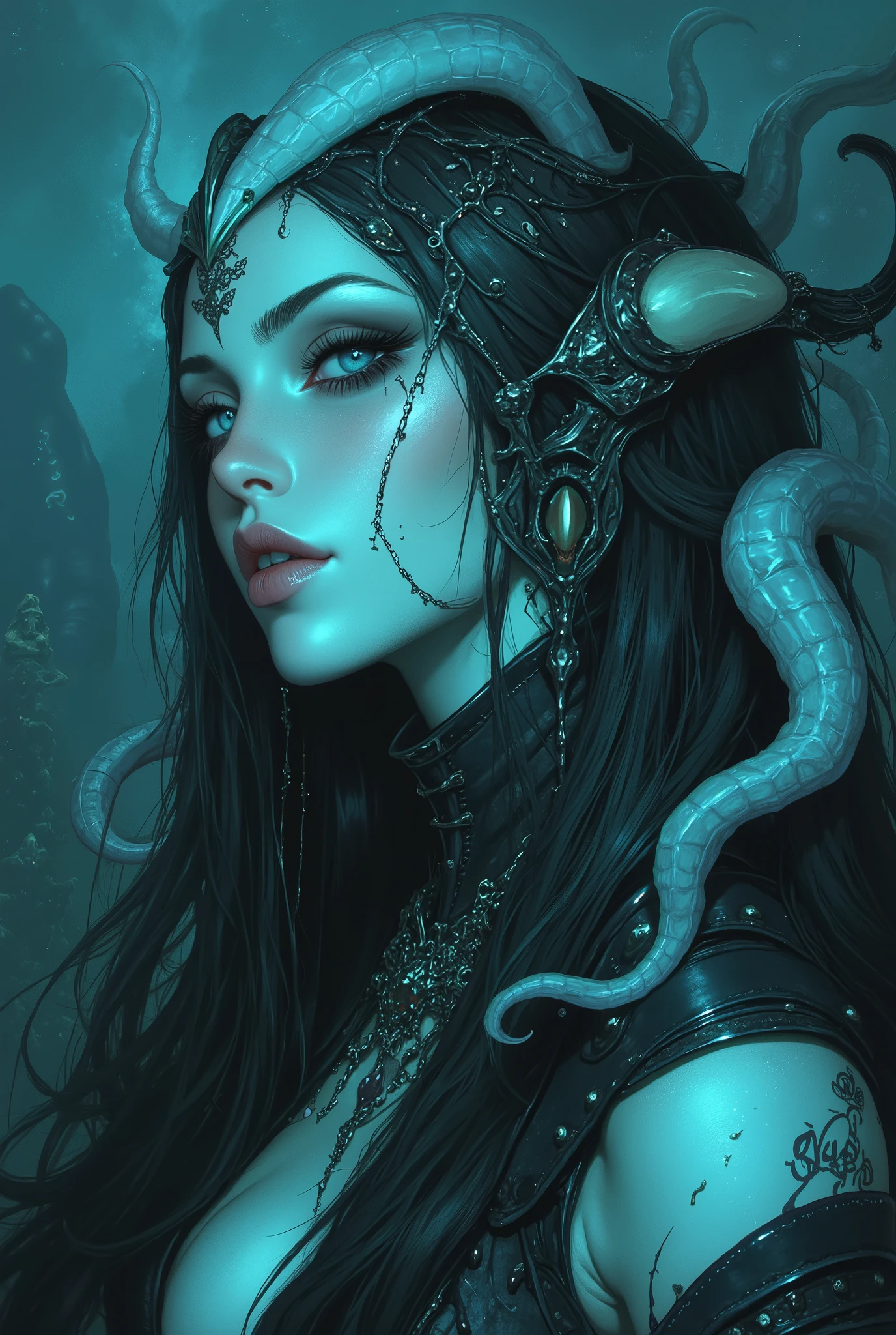 "Scylla, a hauntingly beautiful creature emerging from the depths of darkness and mystery."