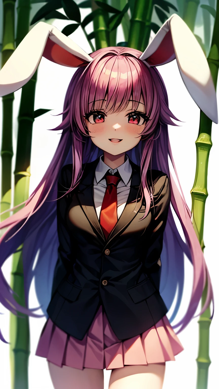 (Ultra High Quality,super high resolution,16k,Super Masterpiece,Ultra HD ,detailed shading and background,)one girl, long purple hair,Rabbit Ears,white shirt,red tie, black blazer ,pink miniskirt with long bangs,pussy sticking out,smile,blush,Open your lips a little,Bamboo Grove of the Rising Sun,