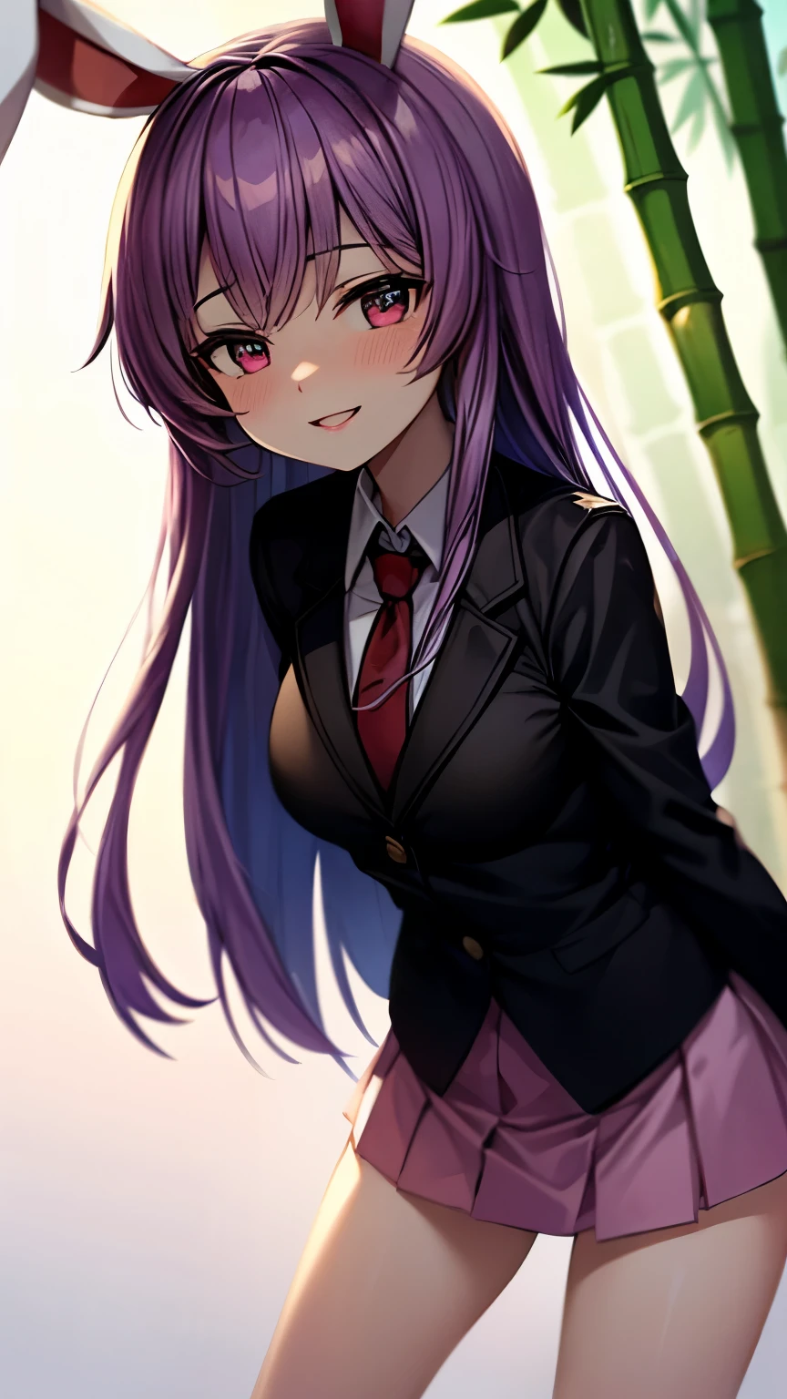 (Ultra High Quality,super high resolution,16k,Super Masterpiece,Ultra HD ,detailed shading and background,)one girl, long purple hair,Rabbit Ears,white shirt,red tie, black blazer ,pink miniskirt with long bangs,pussy sticking out,smile,blush,Open your lips a little,Bamboo Grove of the Rising Sun,