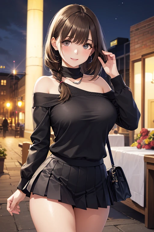 (Masterpiece:1.5, Highest quality, Realistic:1.2), Beautiful illustrations, (Natural Side Lighting, Cinema Lighting), , View your viewers, 1 person, Japanese, Beautiful adult woman:24-years-old, Perfect Face, Cute and symmetrical face, Glowing Skin, (Long Hair:1.5, Straight hair:1.4, Light brown hair), Blunt bangs, Swept-apart bangs, Big eyes, Droopy eyes, Purple eyes, Long eyelashes, (Medium chest), thin, Beautiful Hair, Beautiful Face, Beautiful attention to detail, Beautiful clavicle, Beautiful body,Beautiful thighs, Beautiful feet, Beautiful fingers, ((Off-the-shoulder knit、1 handbag、Diamond Necklace、mini skirt、Fishnet tights)), smile,, Beautiful views, evening, (Outdoor:On a large bridge:Street lamp),, Are standing, (かわいらしいsmile, Upward glance),