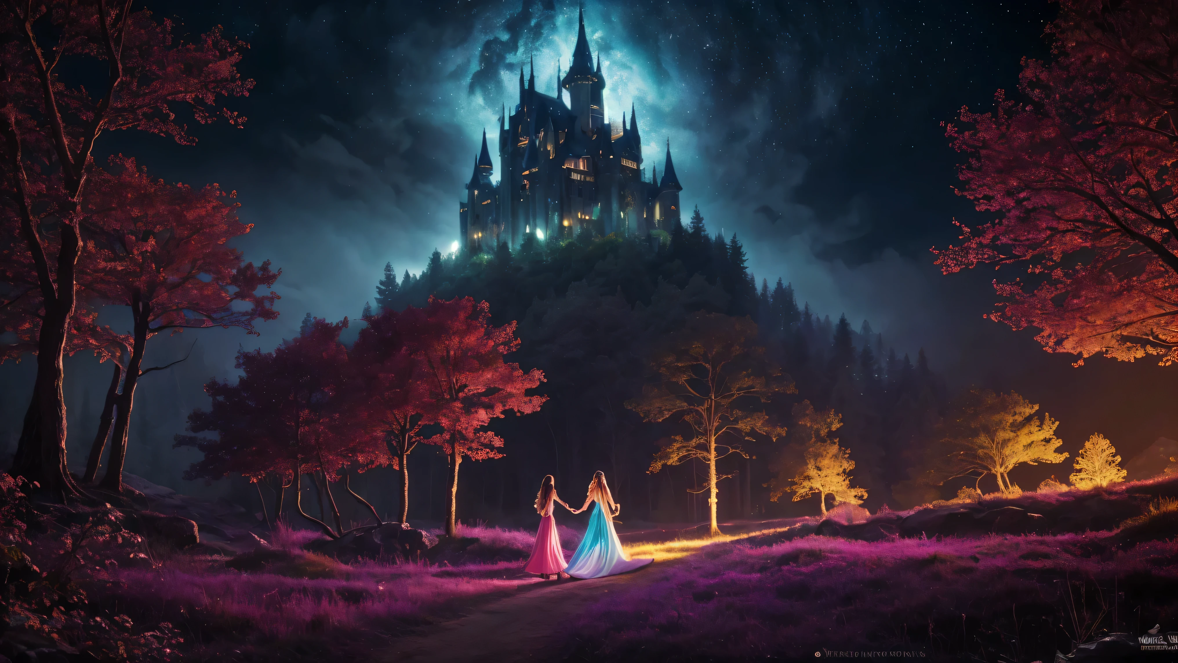 A dreamlike fantasy landscape, a surreal forest with glowing mushrooms, (whimsical castle reaching to the sky in the distance), 1girl, princess, long wavy hair, detailed dress, walking through the mystical scenery, (best quality, 4k, 8k, highres, masterpiece:1.2), ultra-detailed, (realistic, photorealistic, photo-realistic:1.37) ,fantasy, surreal, dreamscape, magical, ethereal, glowing, vibrant colors, dramatic lighting