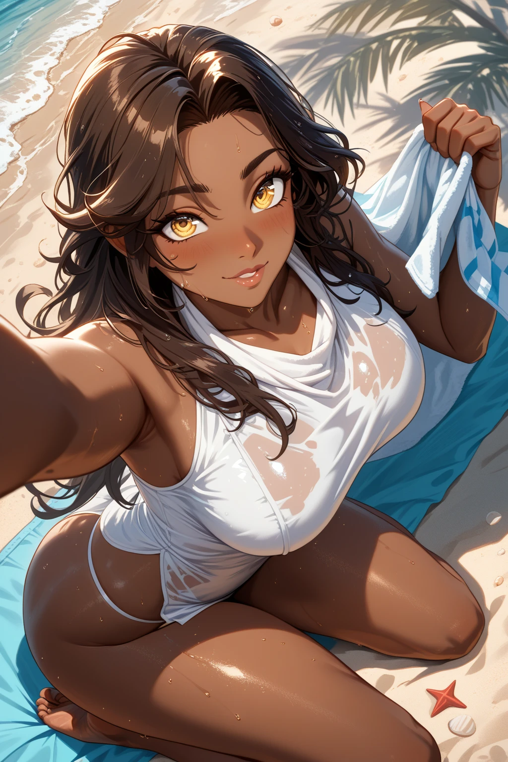 detailed illustration ,dynamic angle, ultra-detailed, detailed eyes, detailed face, 1girl, naked, large medium breasts, teardrop shaped breasts, hard nipples, tan, dark skin, long hair, very long hair, black hair, wavy hair, dark green eyes, eager eyes, soft smile, crouching, sandy beach, jungle, ocean, erect-futa, erect-penis