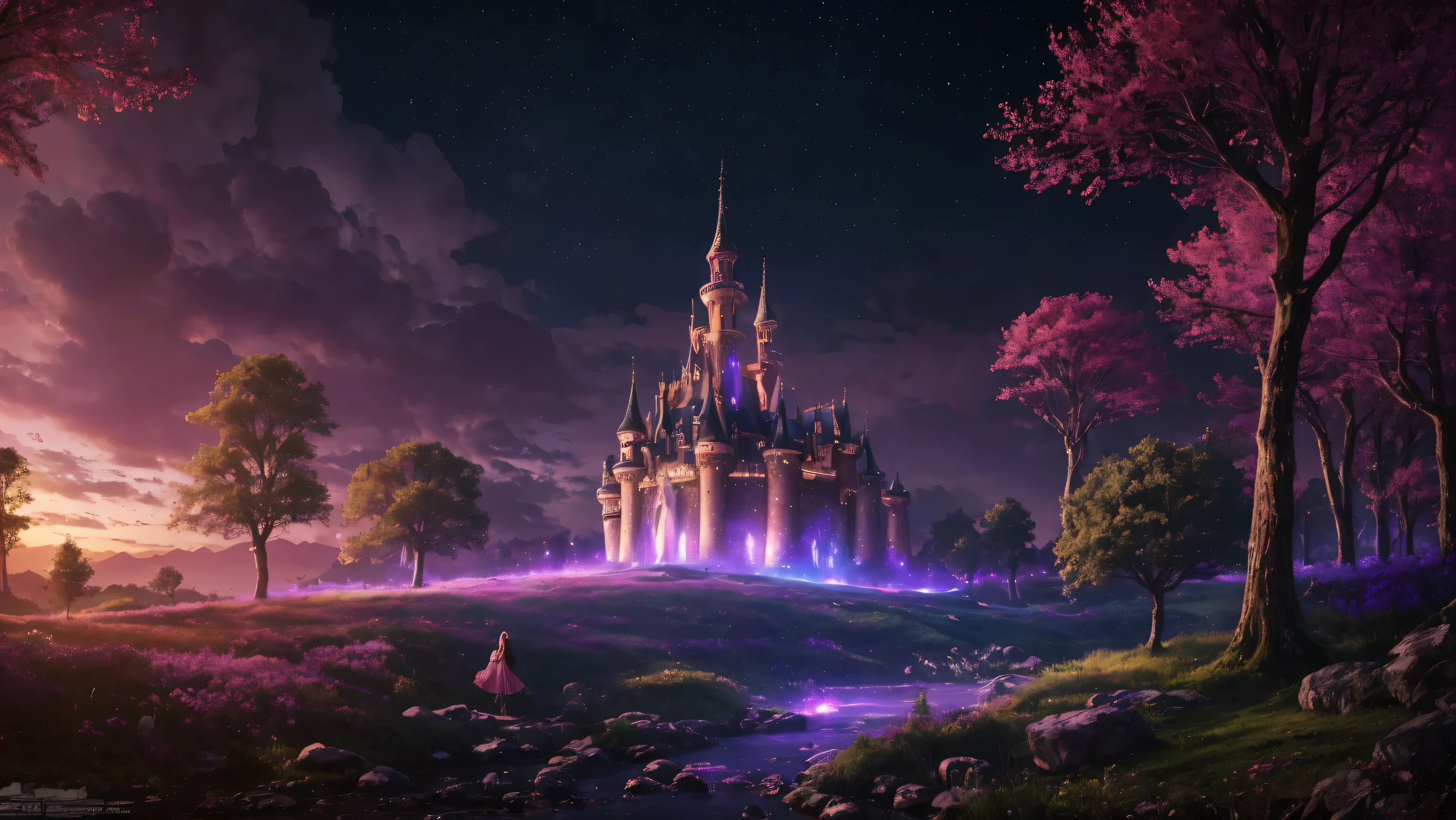 A dreamlike fantasy landscape, a surreal forest with glowing mushrooms, (whimsical castle reaching to the sky in the distance), 1girl, princess, long wavy hair, detailed dress, walking through the mystical scenery, (best quality, 4k, 8k, highres, masterpiece:1.2), ultra-detailed, (realistic, photorealistic, photo-realistic:1.37) ,fantasy, surreal, dreamscape, magical, ethereal, glowing, vibrant colors, dramatic lighting