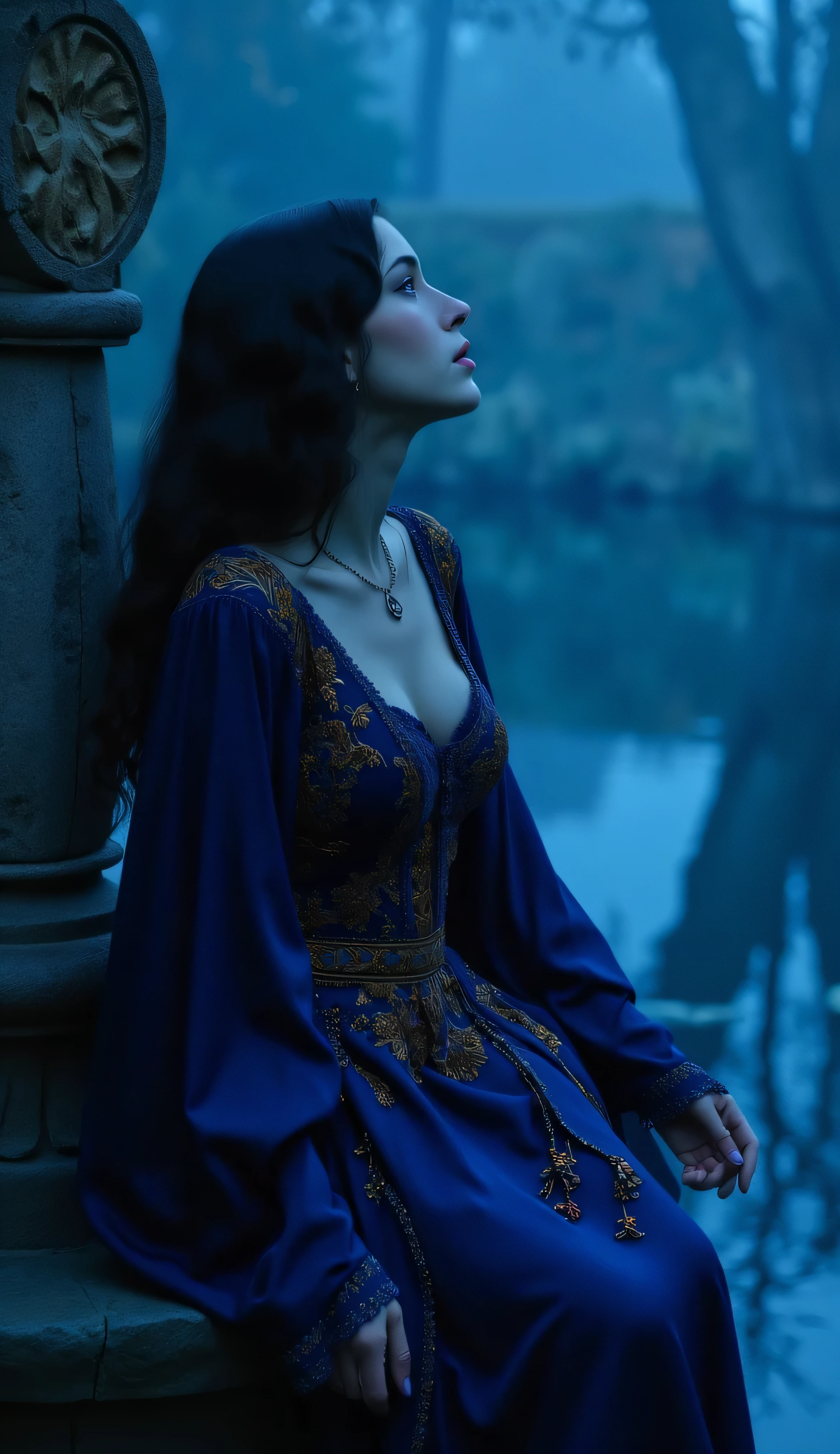 A full body side shot of a beautiful woman with dark wavy hairstyle, ((very pale skin)), looking up, sitting by a stone water well, dressed in deep imperial crimson purple chitonion with rich byzantine golden embroidery, cinematic shot, cinematic composition, portrait, close up, thick mist, ((((deep dark sapphire blue color)))), at night, darkness, shadow, masterpiece, digitalart, painting, split complementary palette, muted, monochromatic, achromatic, (cinematic artistic composition), best quality, (ancient feel), philosophy, (flickers of floating glowing tiny blue particles), (((digital art style))), brushstrokes, artistic