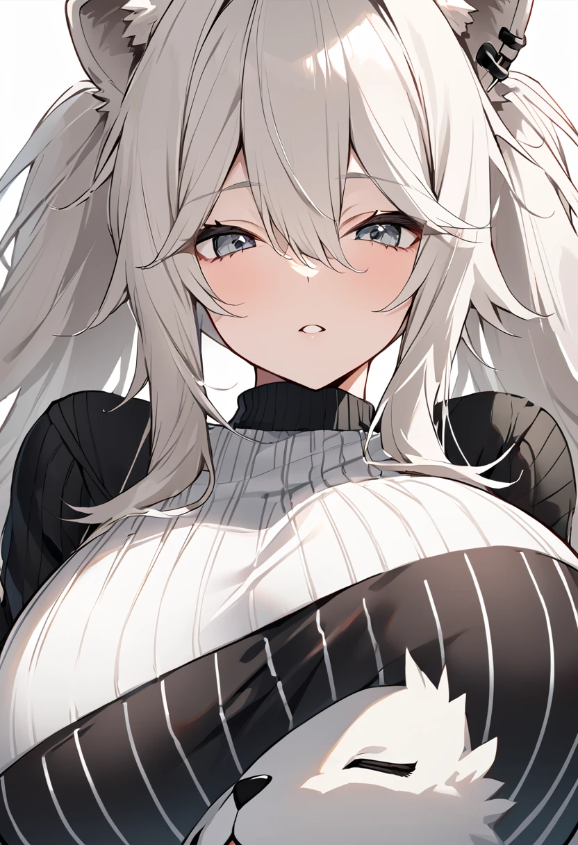 Shishirabotan、Black knitted clothes、Vertical sweater clothes、Black sweater、Huge breasts:1.5、sagging breast:1.5、1girl、portrait、spoken heart、face focus、straight hair、Twin tails、Slightly messy hair、White lion、claw pose