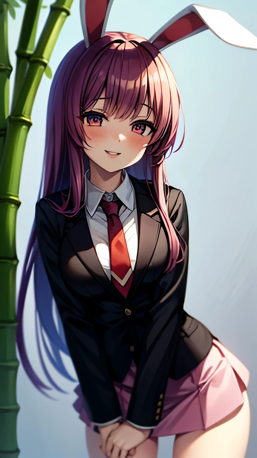 (Ultra High Quality,super high resolution,16k,Super Masterpiece,Ultra HD ,detailed shading and background,)one girl, long purple hair,Rabbit Ears,white shirt,red tie, black blazer ,pink miniskirt with long bangs,pussy sticking out,smile,blush,Open your lips a little,Bamboo Grove of the Rising Sun,