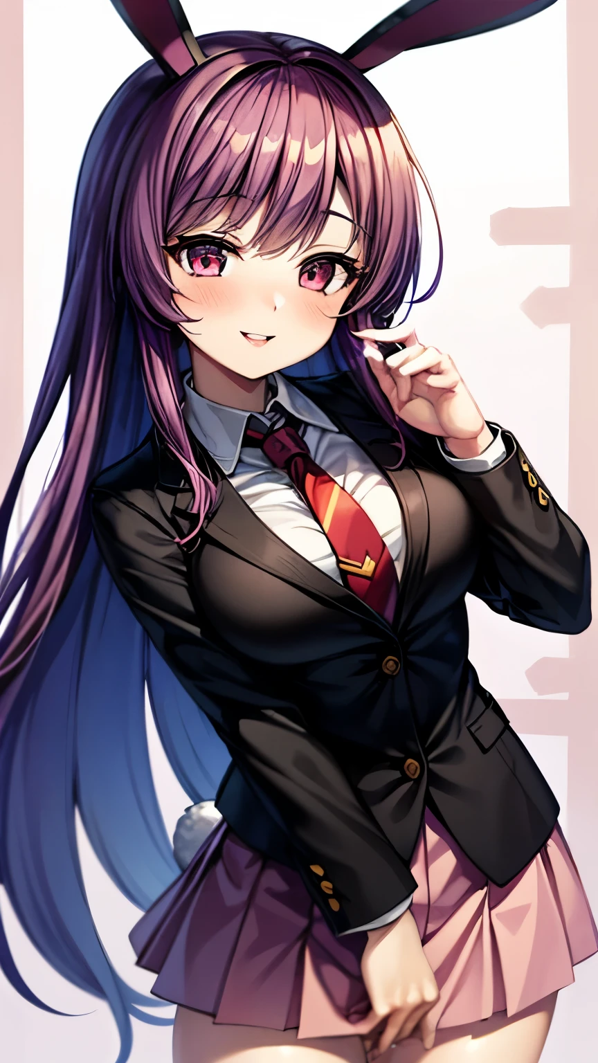 (Ultra High Quality,super high resolution,16k,Super Masterpiece,Ultra HD ,detailed shading and background,)one girl, long purple hair,Rabbit Ears,white shirt,red tie, black blazer ,pink miniskirt with long bangs,pussy sticking out,smile,blush,Open your lips a little,Bamboo Grove of the Rising Sun,