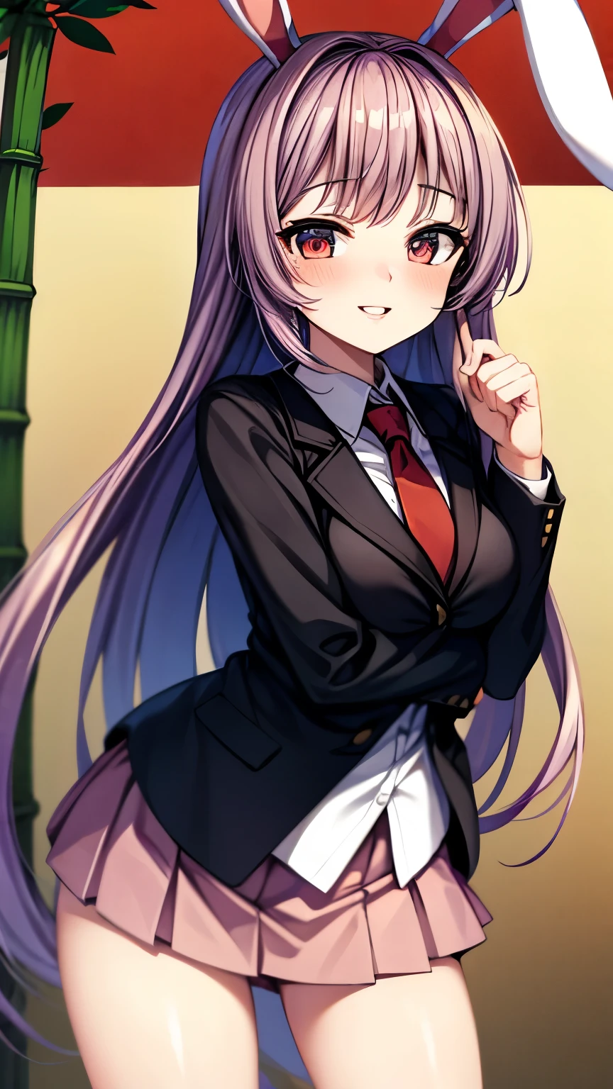 (Ultra High Quality,super high resolution,16k,Super Masterpiece,Ultra HD ,detailed shading and background,)One sexy girl, long purple hair,Rabbit Ears,white shirt,red tie, black blazer ,pink miniskirt with long bangs,pussy sticking out,smile,blush,Open your lips a little,Bamboo Grove of the Rising Sun, forward bending,