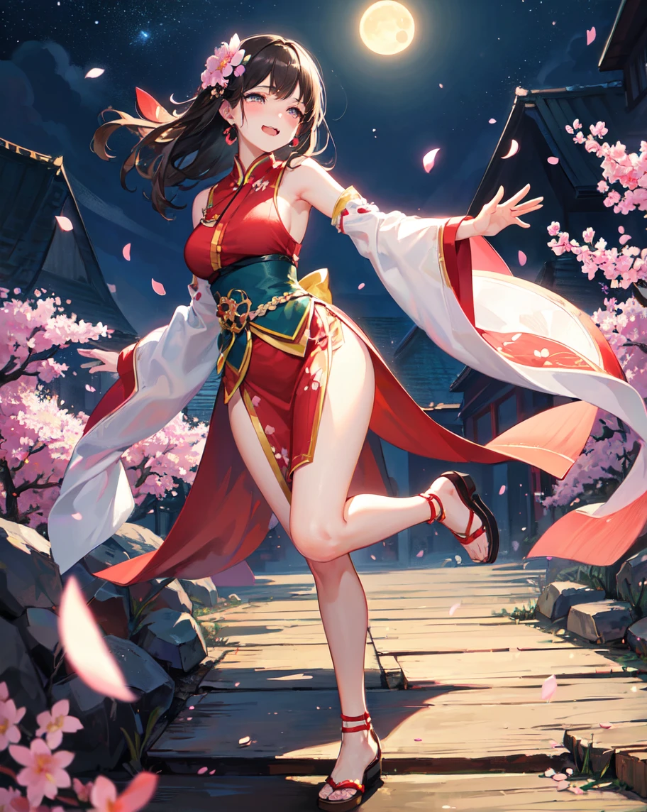 female dancer, silk cheongsam, small breast, perfect body shape, sakura pattern, holding old umbrella, wind effect, naughty face, nipple, mink scarf, masterpieces, best lighting, HD ,16k, best figure, see-though clothes, thigh cloth, corruption tattoo, perfect face detail, camel toe shape, creative clothes, seducing, sexy aura, perfect color combo