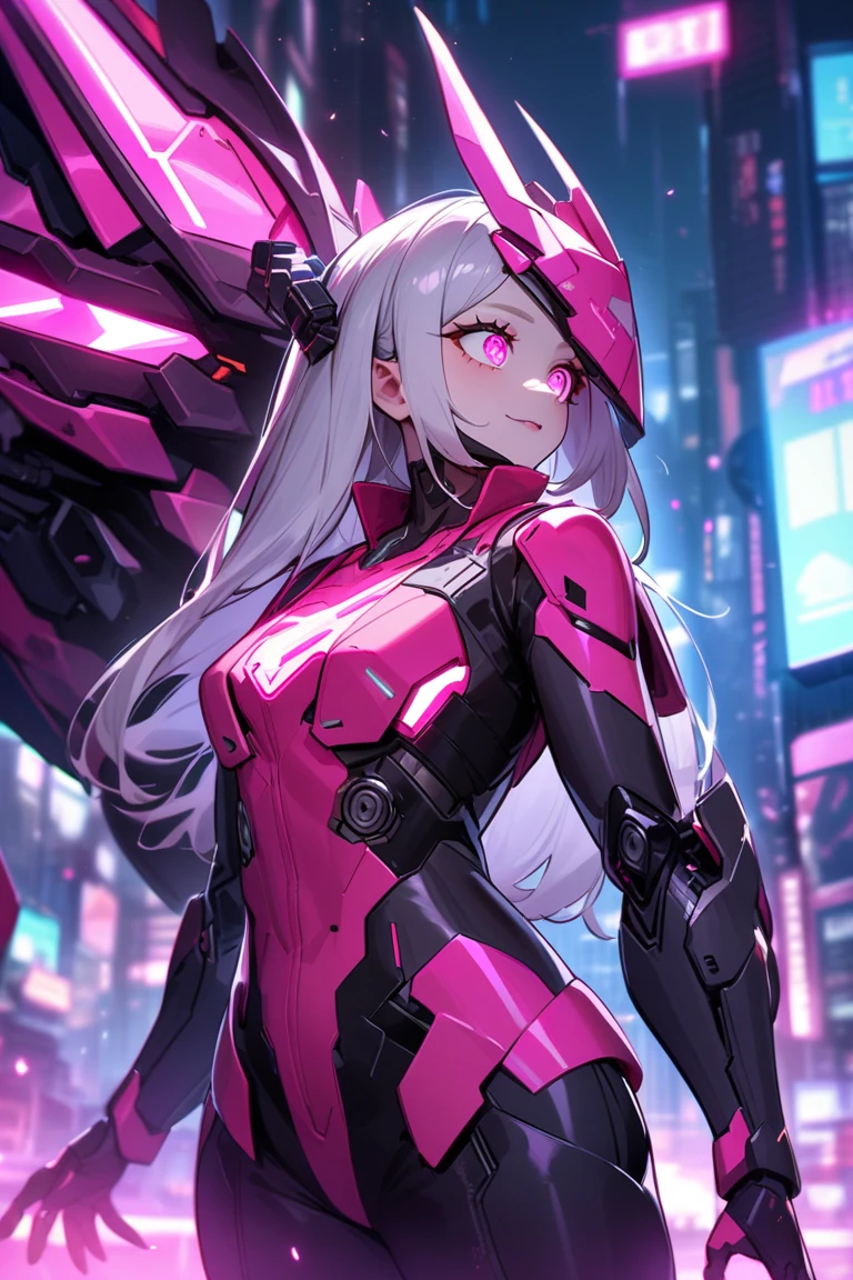 ,1girl,(teen:1.5), (short_ponytail:1.3), (light_whitish_purple_hair:1.3),black_mechanical_armor_parts,white_breasts_parts_red_black_body_suit,bare_shoulder,bare_slender_thighs,medium_breasts,city_background,Stinging_eyes,sleepy,thighhigh_greaves,gauntlets,dynamic_posing,bare_frank,metal_red_parts_armor,red_eye,solo,
fists,hold_weapon,glare,navel,large_mechanical_parts,happy,waist_armor,open_mouth,rise_legs,apart_legs, (covered_navel:1.3),(very_long_bangs:1.3), (hair_over_one_eye:1.5),(long_bang_covers_right_half_of_face:1.5),
(covered_pussy:1.1),covered_breasts,fighting,