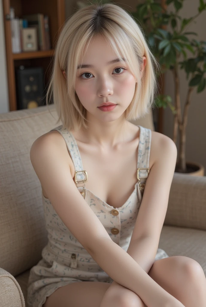 ((masterpiece)),((best quality)),1 girl, blush, nervous,small breast, shy,bsp, sexy mini skirt, white short hair, sit on knees, half nakef